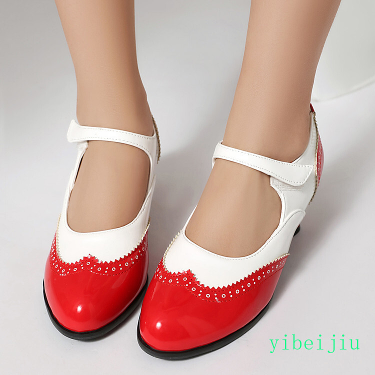 Womens Mid Kitten Heel Mary Jane Patchwork Leather Shoes Sweet Candy Two Tone OL