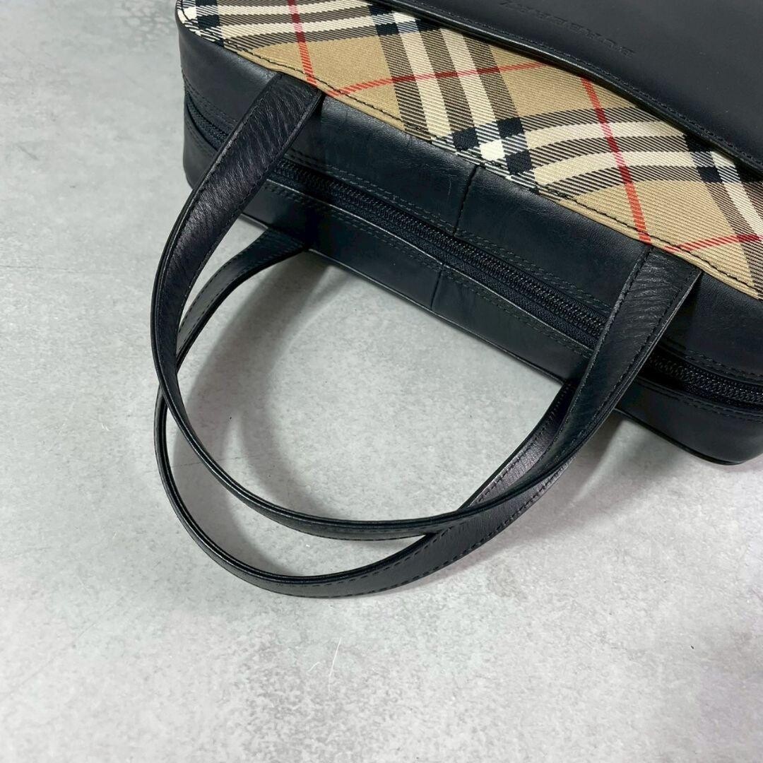 Burberry Nova Check Leather Canvas Handbag Black Beige Auth