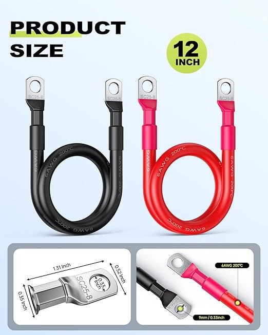 Battery Cable, 6 AWG Battery Cables with Terminals, 12 Inch Tinned Copper Power