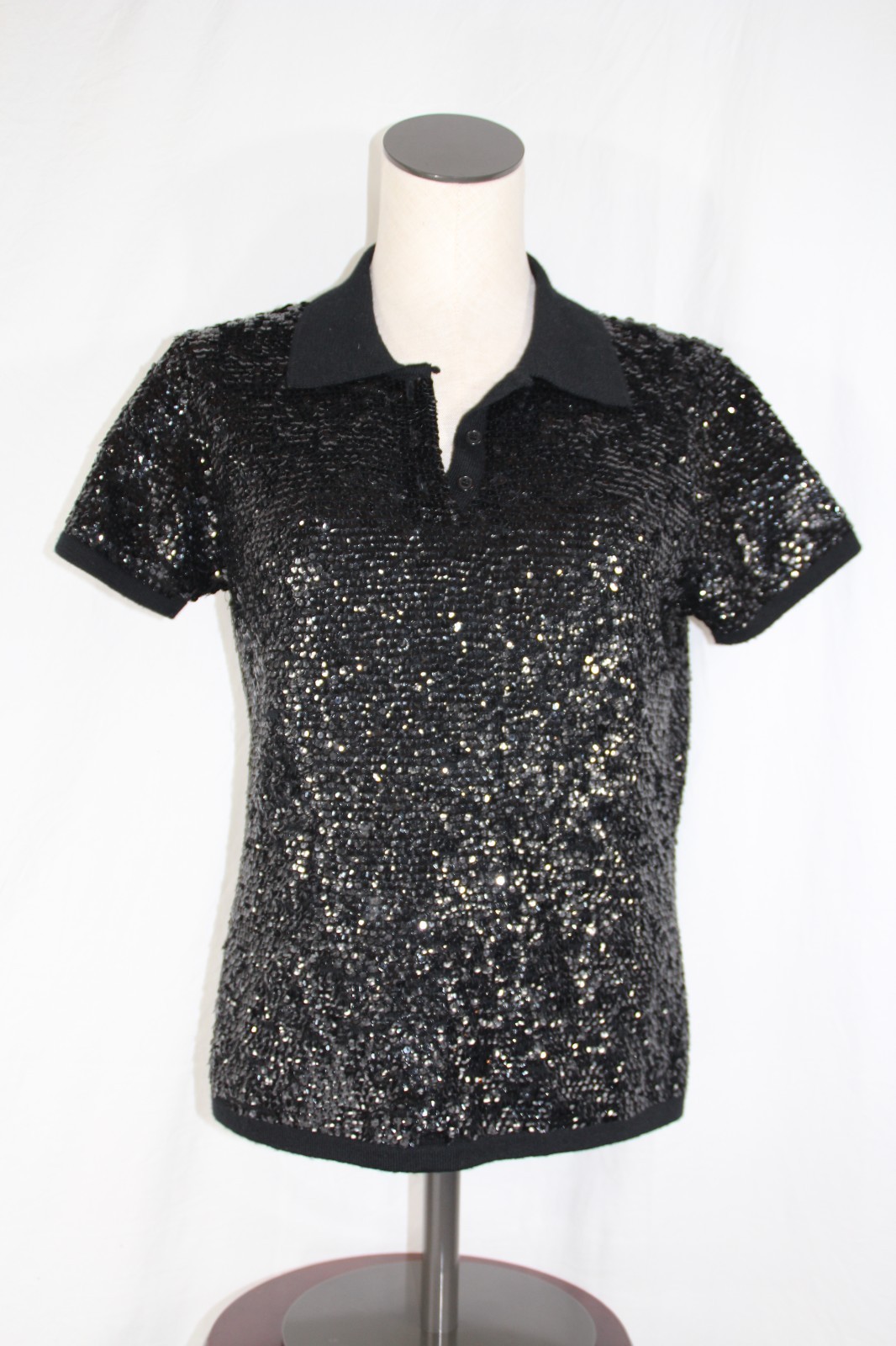 Lauren Ralph Lauren Black Sequin Merino Wool Knit Polo Sweater Holiday Top Sz. M