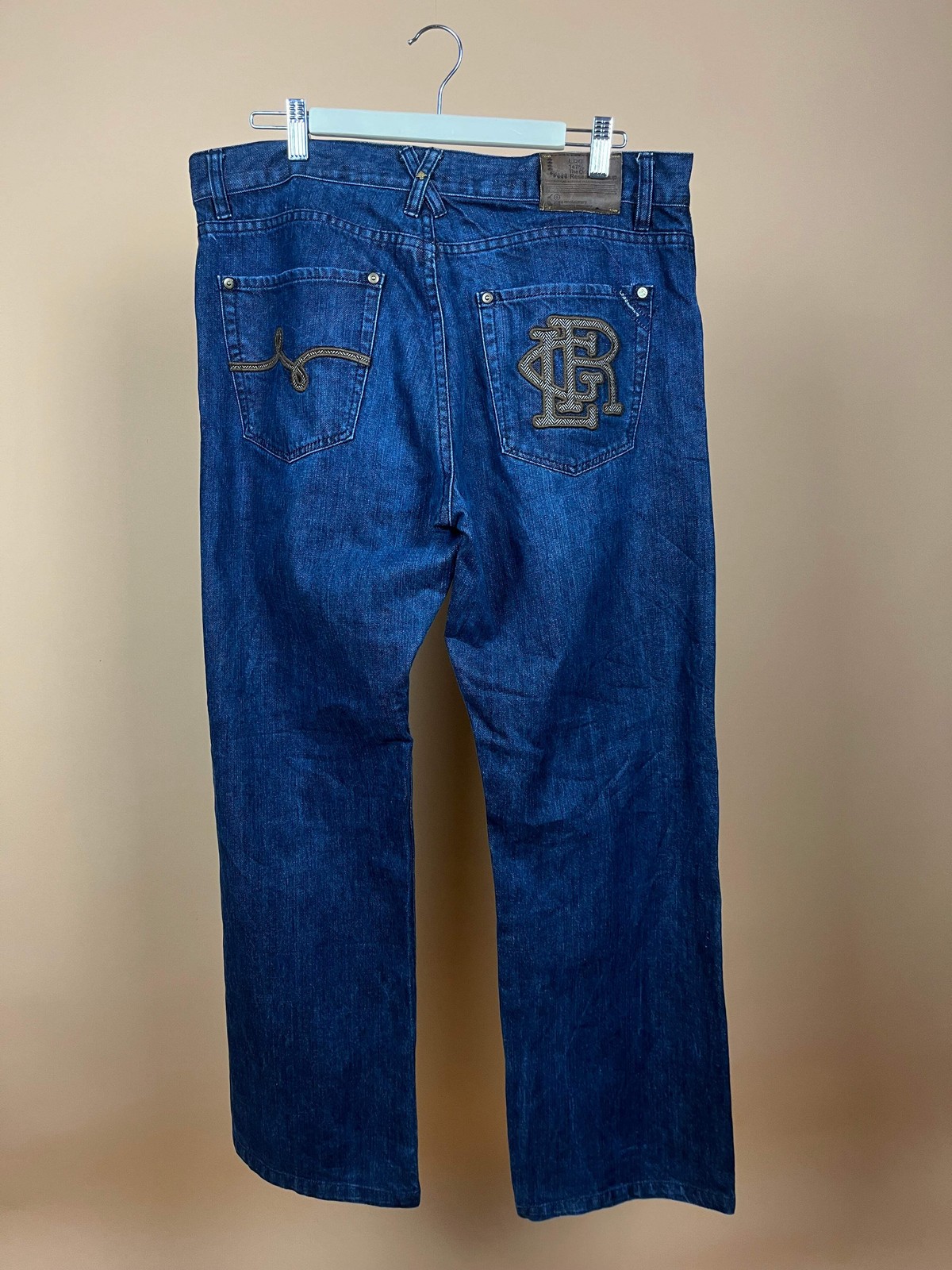Y2K LRG Baggy Denim Jeans Hip Hop Embroidered Patch Blue 5 Pocket Mens W37