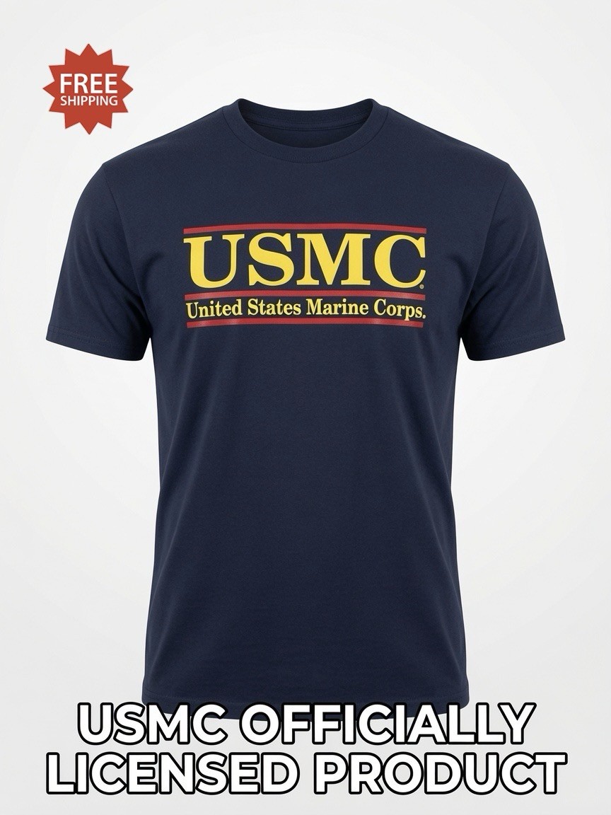 “USMC” Split Bar Logo Black T-Shirt – Size L / LARGE – by MV Sport – NWT!