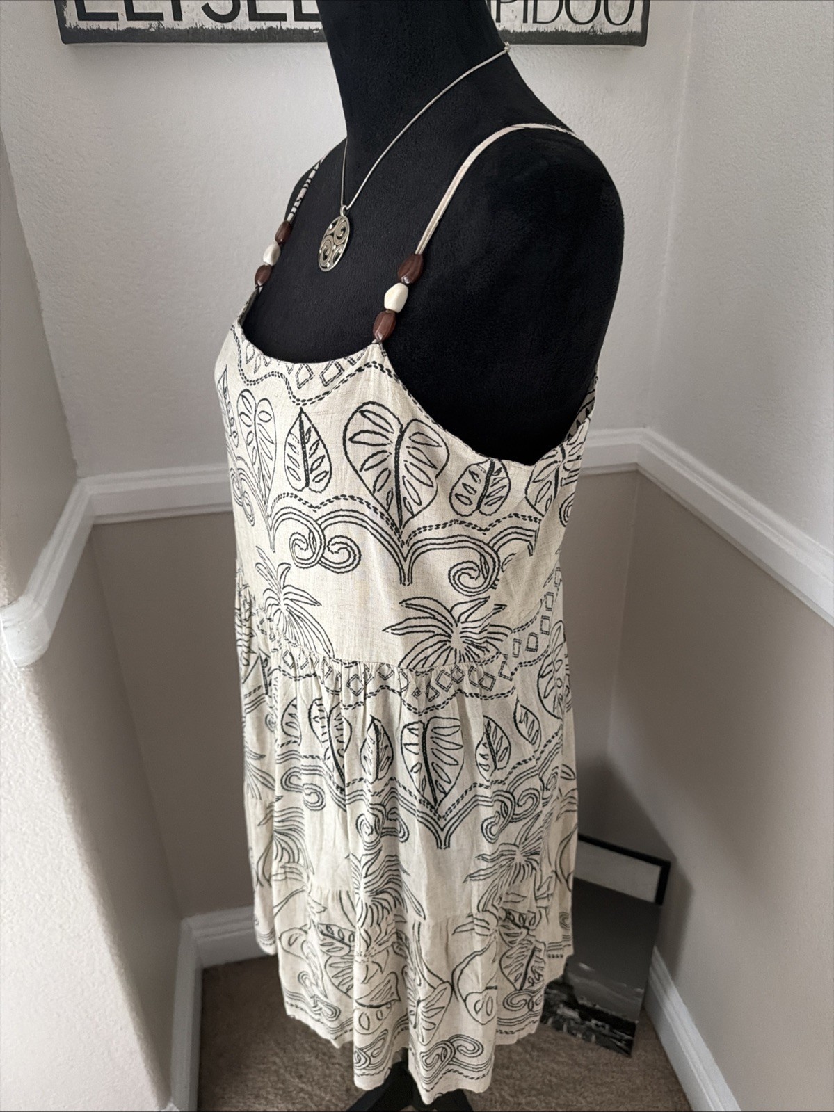 NWT Blue Island Tropical Boho Linen Blend Mini Dress Coverup Neutral Open Back M