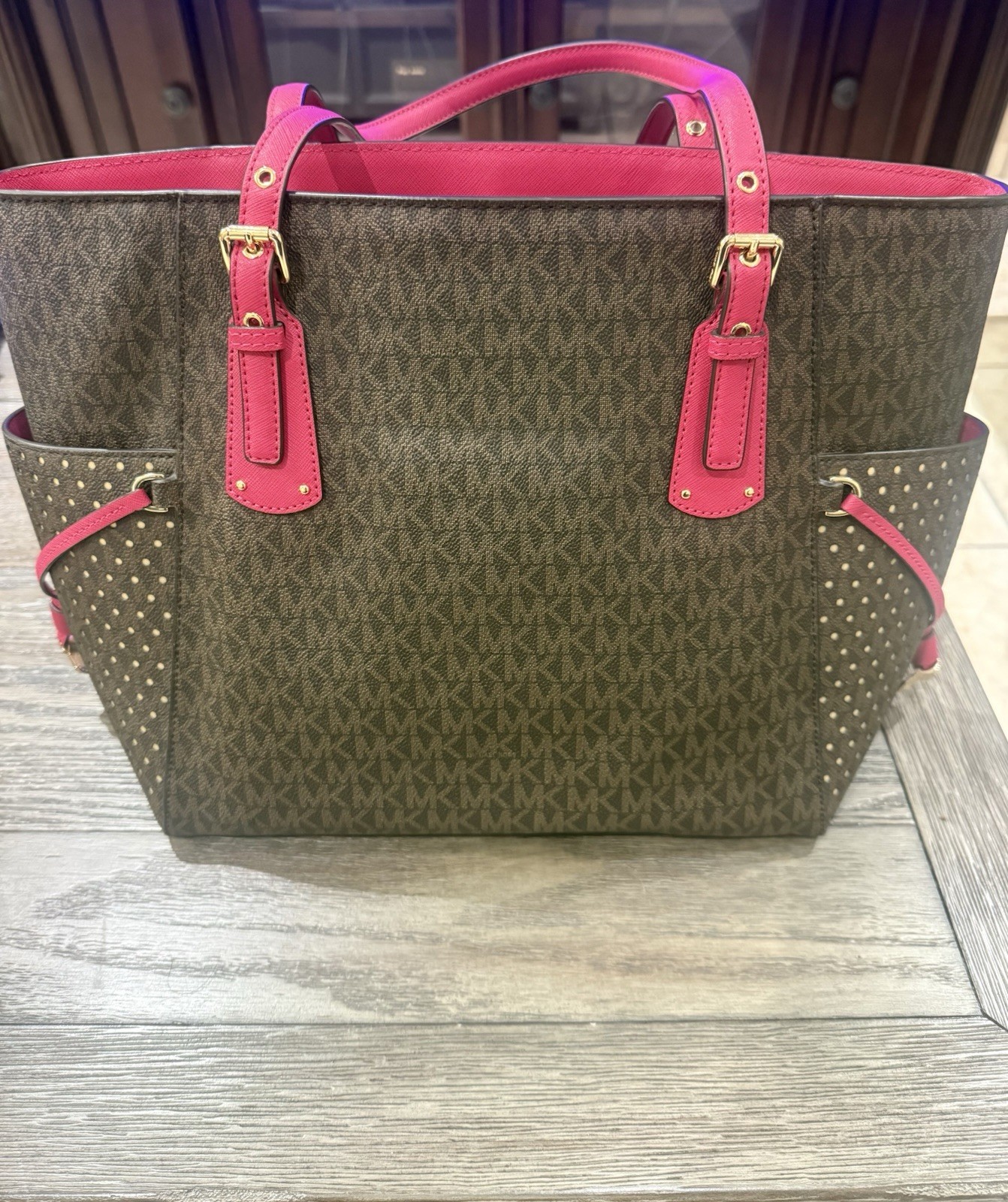 Michael Kors Logo Tote Bag Brown/Pink Double Handles Zip Gold Hardware