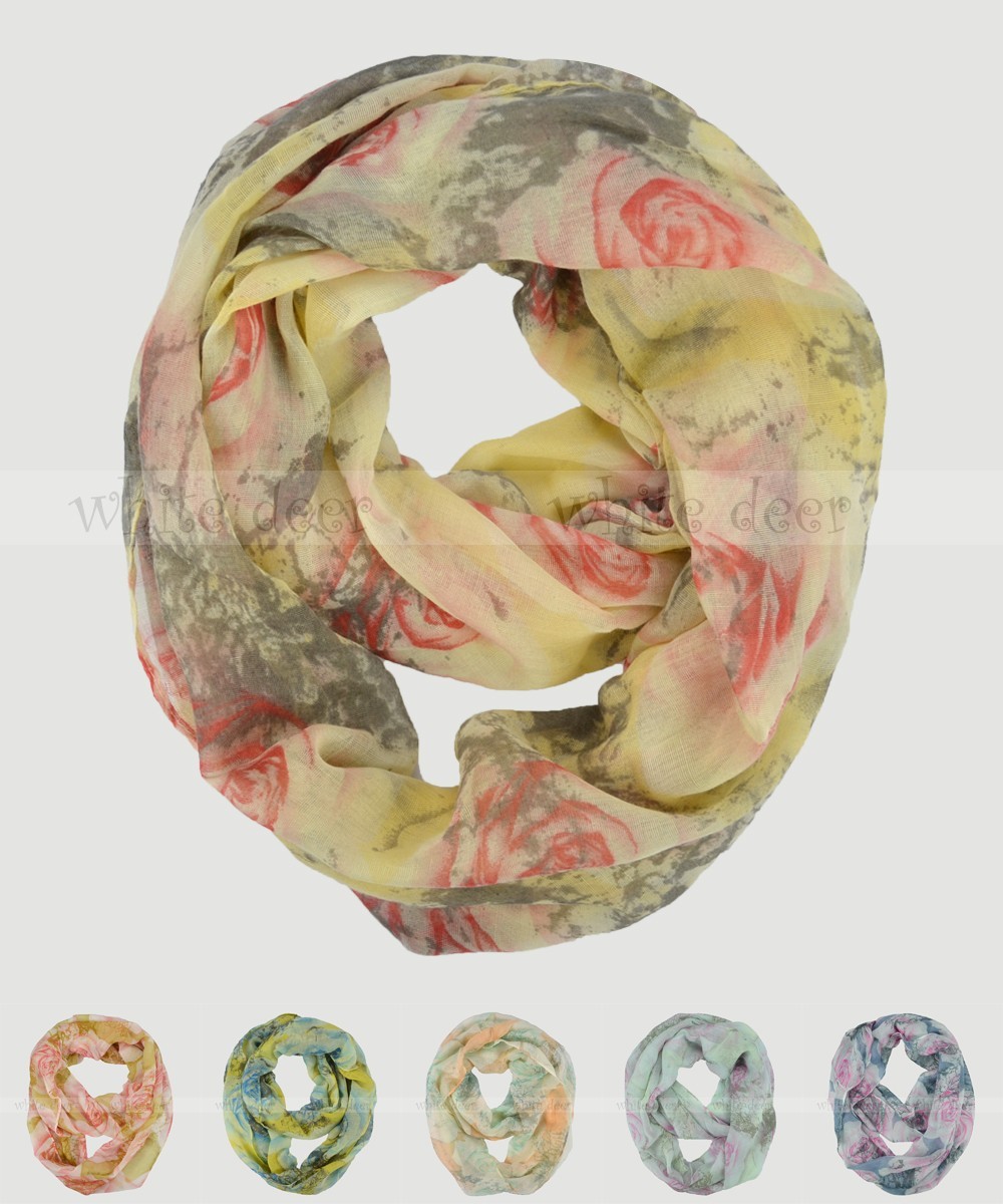 Oil Paint Rose Floral Block Circle Loop Wrap Infinity Scarf Multi Color Soft
