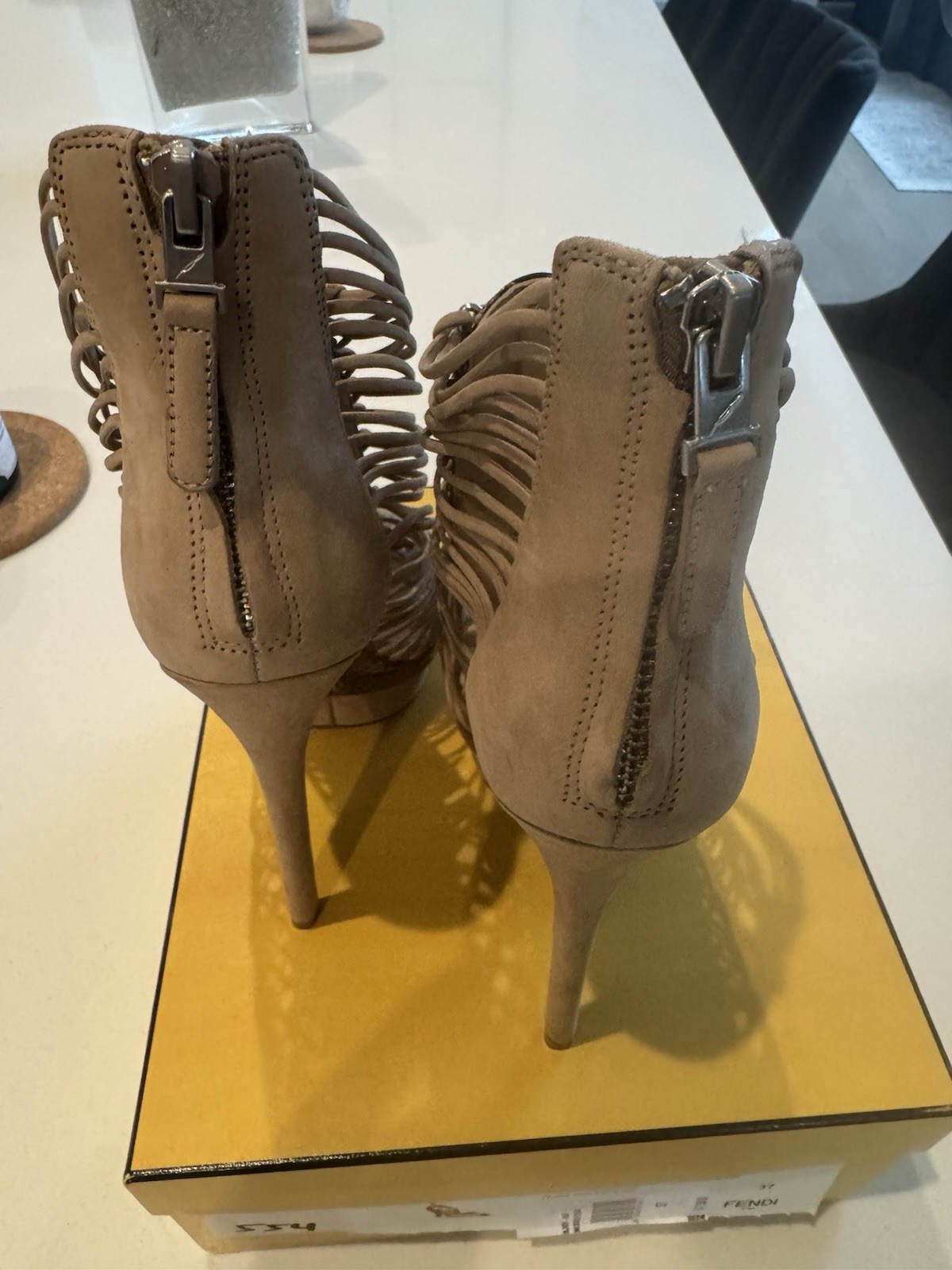 Brian Atwood Beige Brown Leather Strappy Ankle Strap Open Toe Stiletto Zip 7