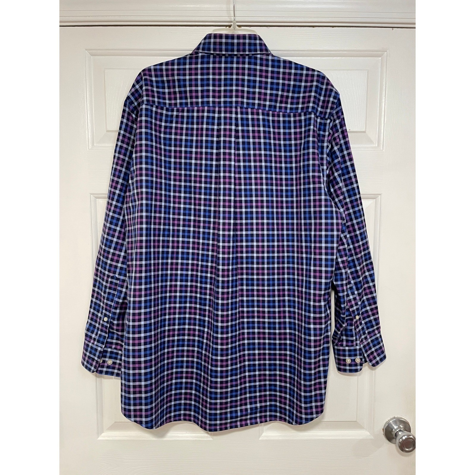 Hathaway Mens M Button Down Collar Shirt Blue Purple Plaid Non Iron Long Sleeve