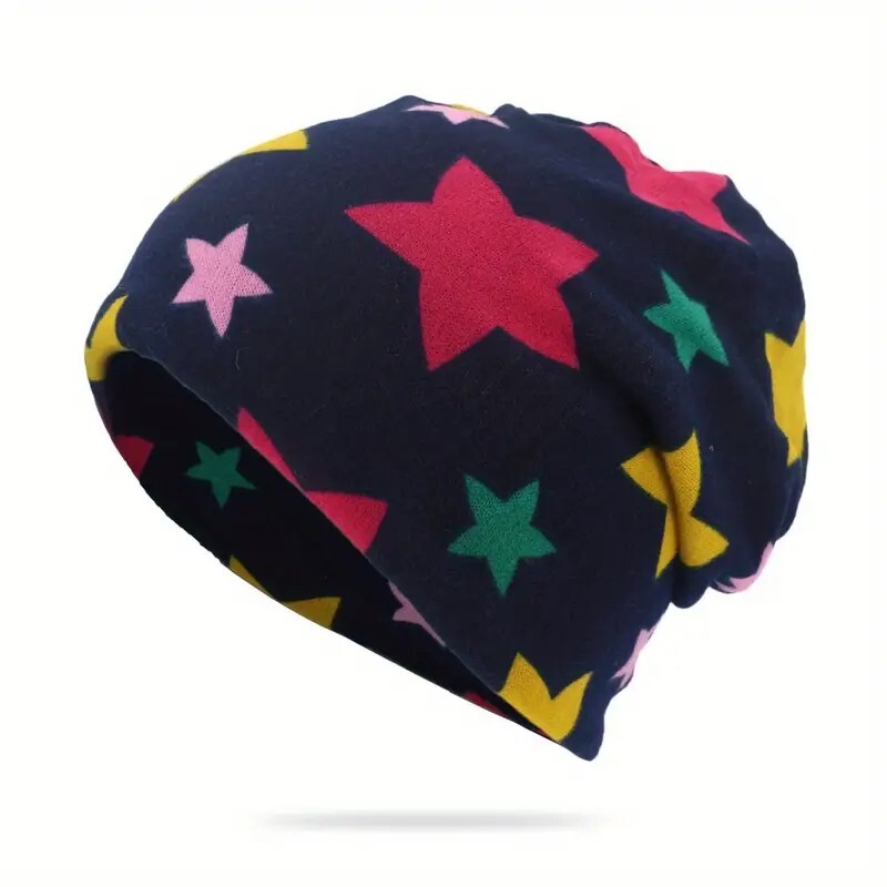 Unisex Multicolored Knit Beanie Stars/Dark Any Season Light Weight FREE Shipping
