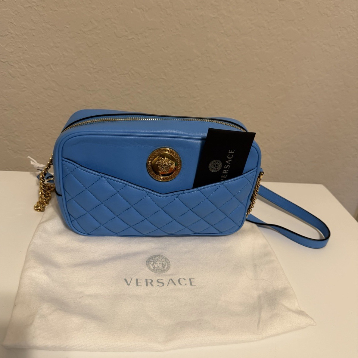 Versace Blue Quilted Medusa Zip Crossbody Bag Gold Chain Strap w/ Dust Bag