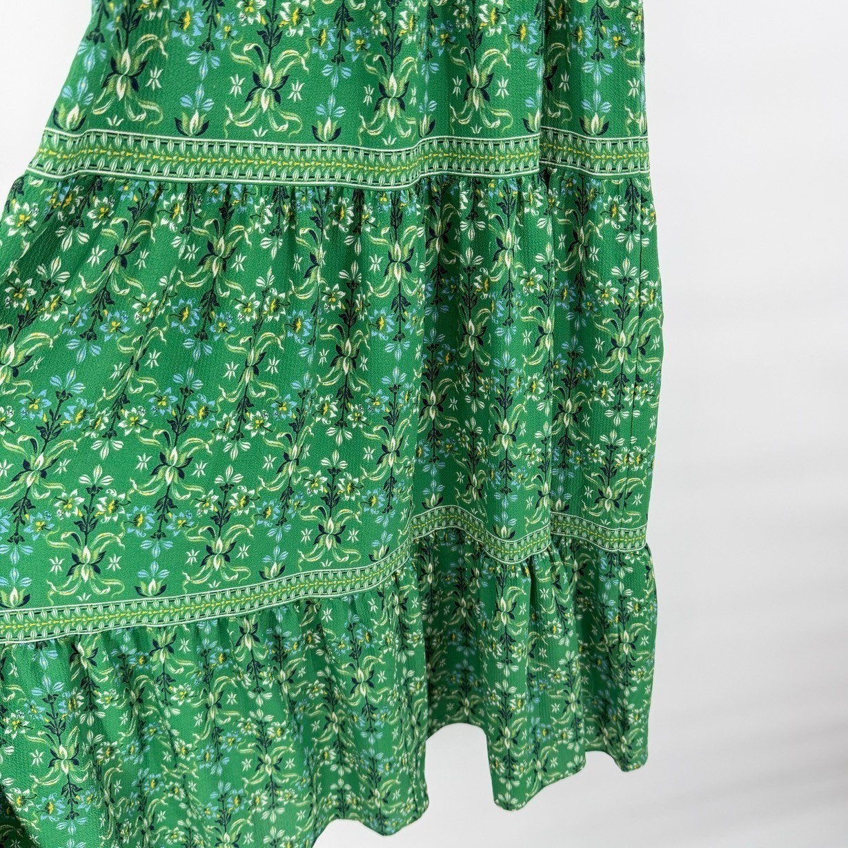 Max Studio Small Maxi Dress Green Floral Boho Tiered Smocked Ruffle Romantic