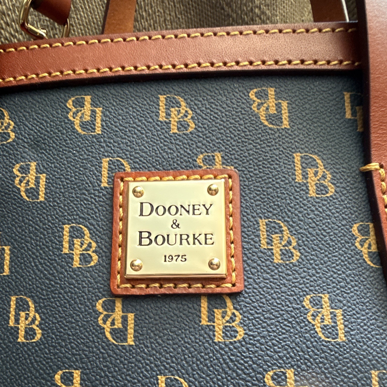 Dooney & Bourke Navy/Brown Monogram Zip Satchel, Strap, Gold Hardware, Pockets