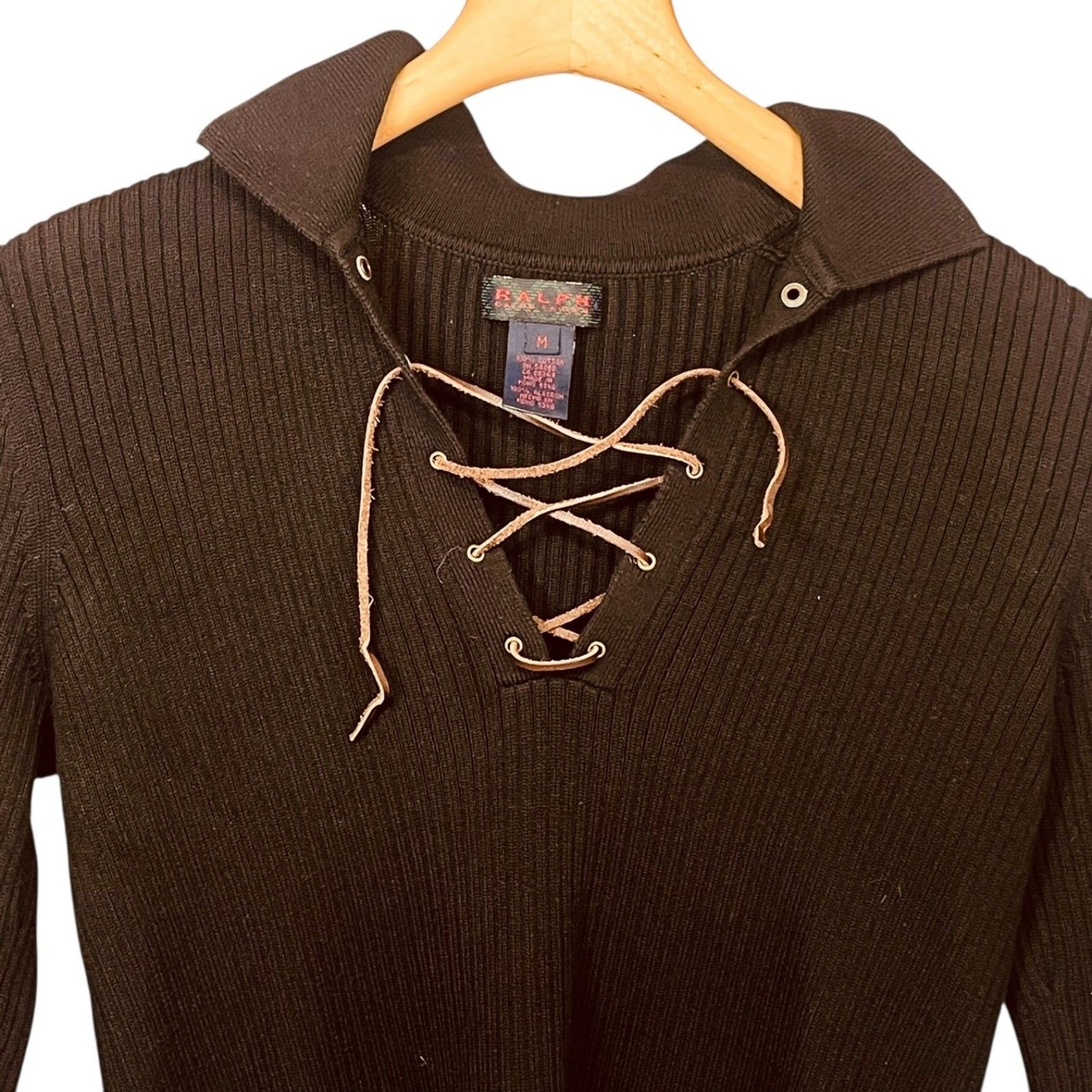Ralph Lauren Black Ribbed Lace-Up V-Neck Cotton Sweater Size M EUC