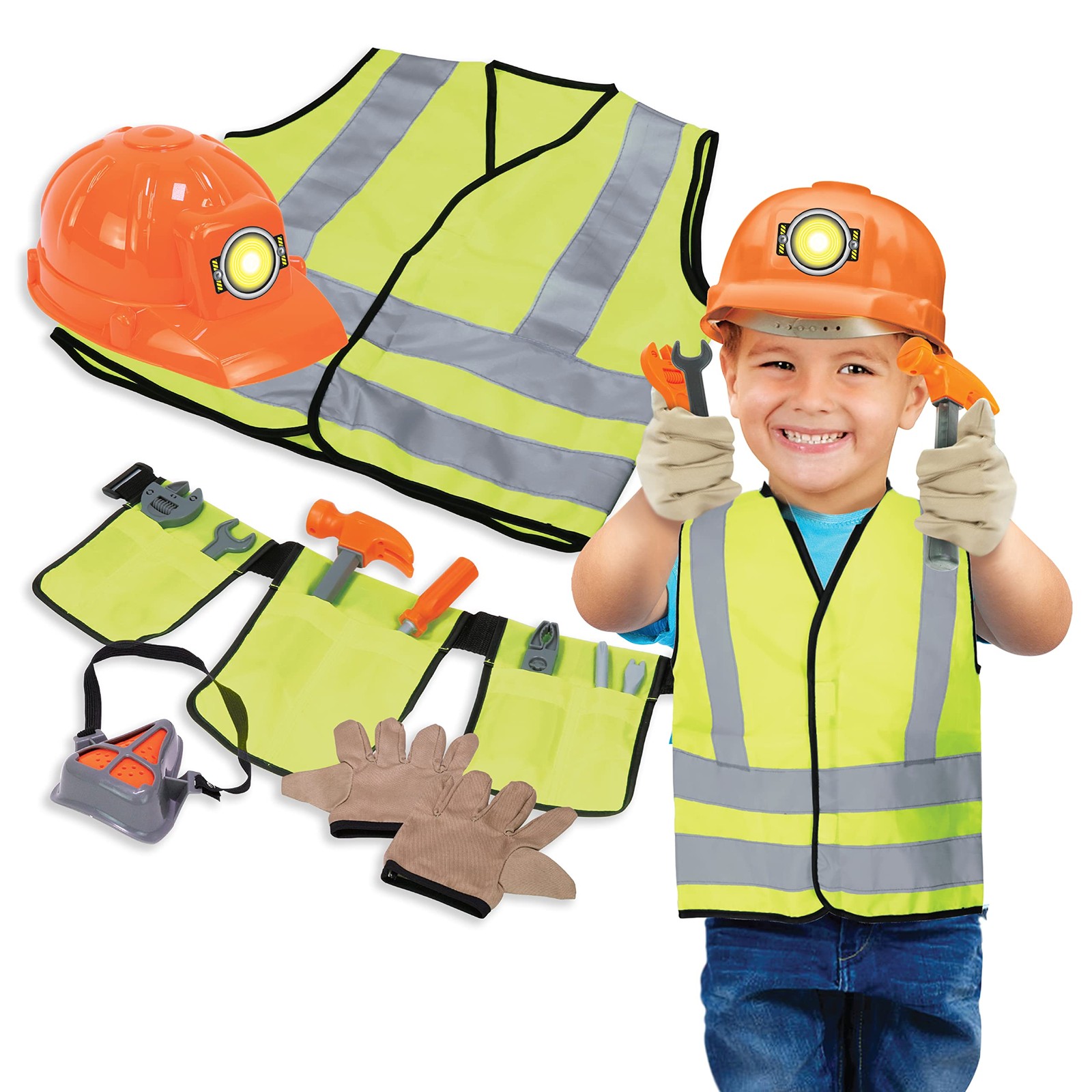 Construction Worker Roleplay Costume Set with Hat, Tools, Tool Belt, Gloves, …