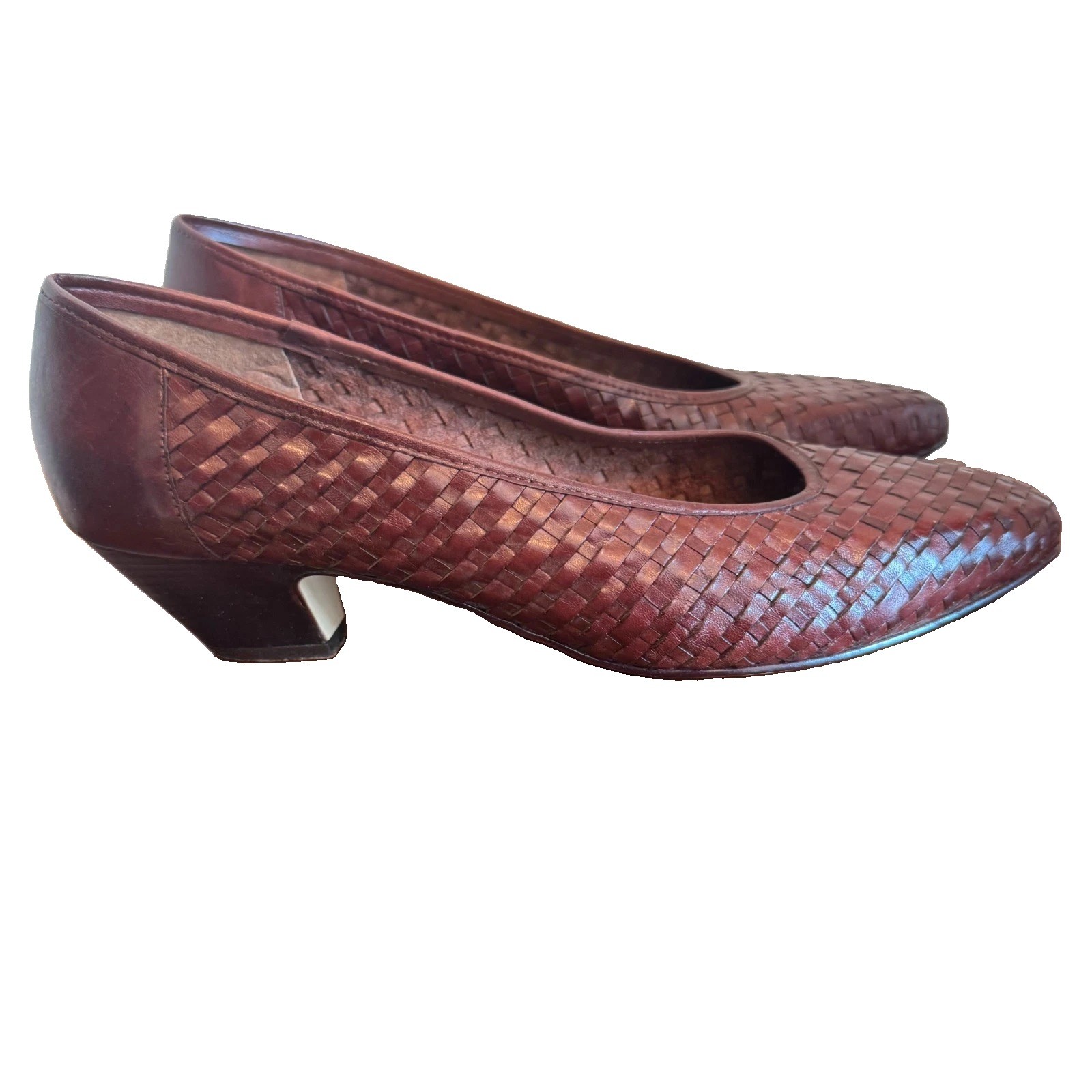 Vintage Leather Craft Leah Brown Woven Leather Pumps Heels Size 9 Made In Brazil