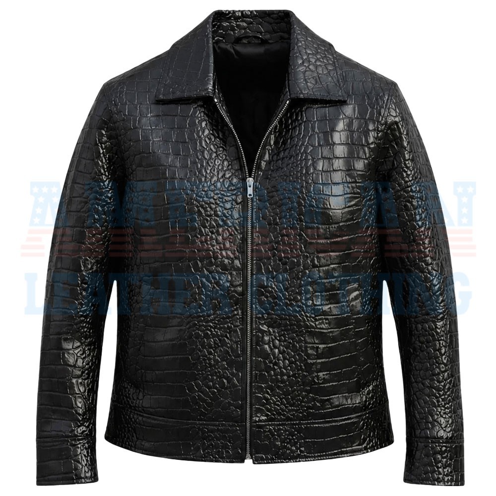 Mens Black Crocodile Embossed Leather Jacket Genuine Leather Zip Up Casual Coat