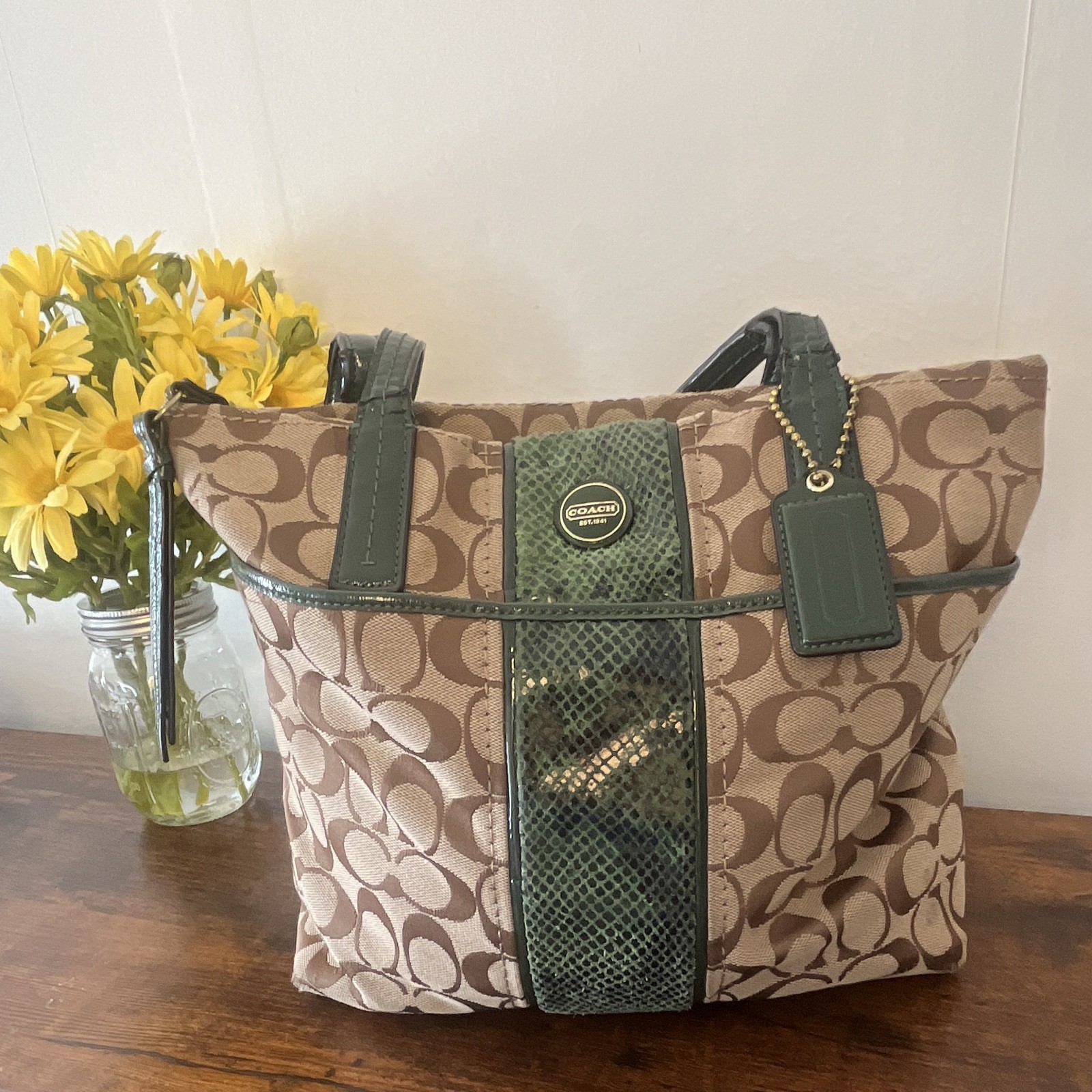 Coach Signature Monogram Vintage Tote Medium Brown Beige Green Zip Purse