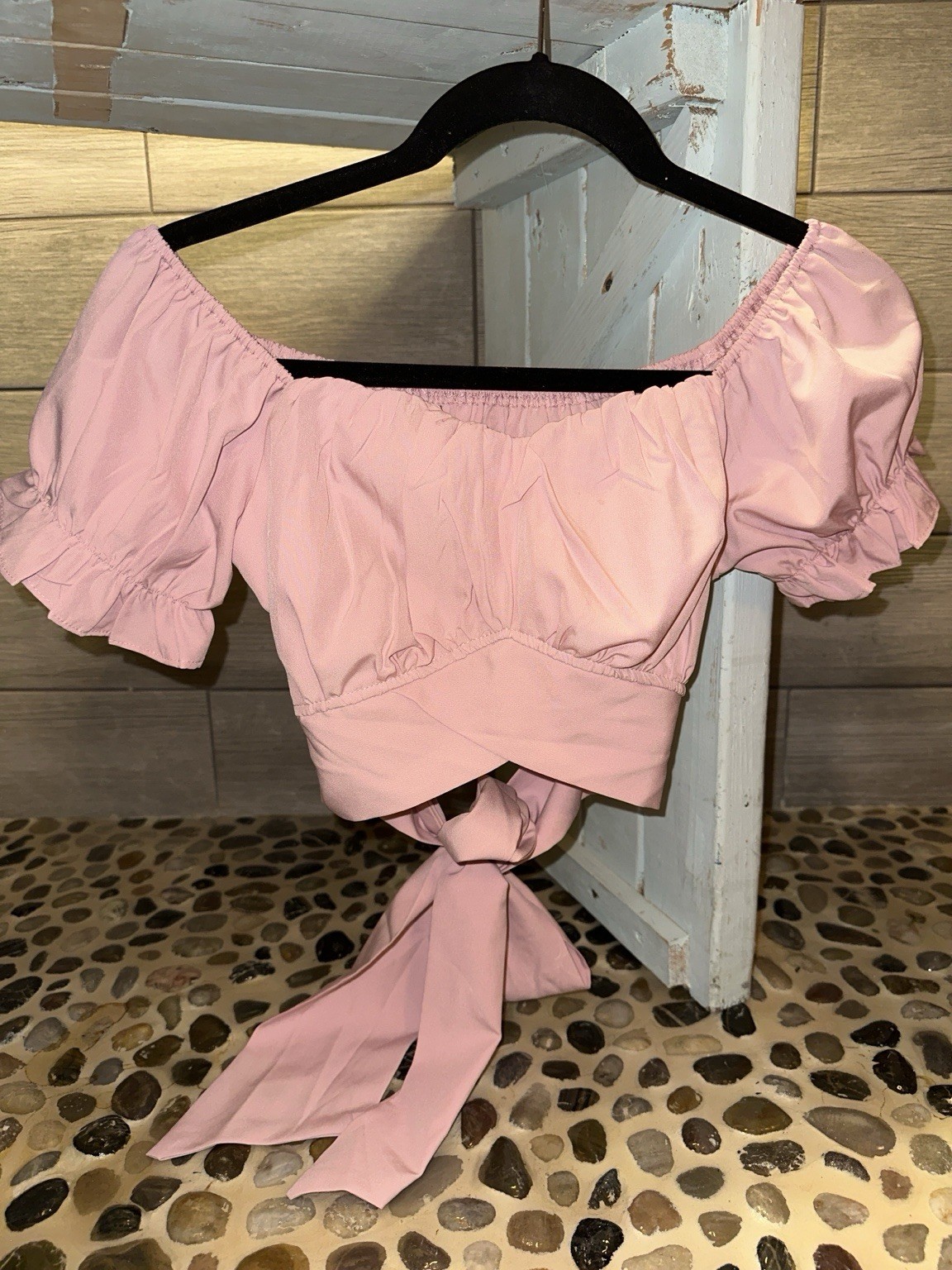 LYANER Pink Off Shoulder Puff Short Sleeve Tie Back Cropped Blouse Top M