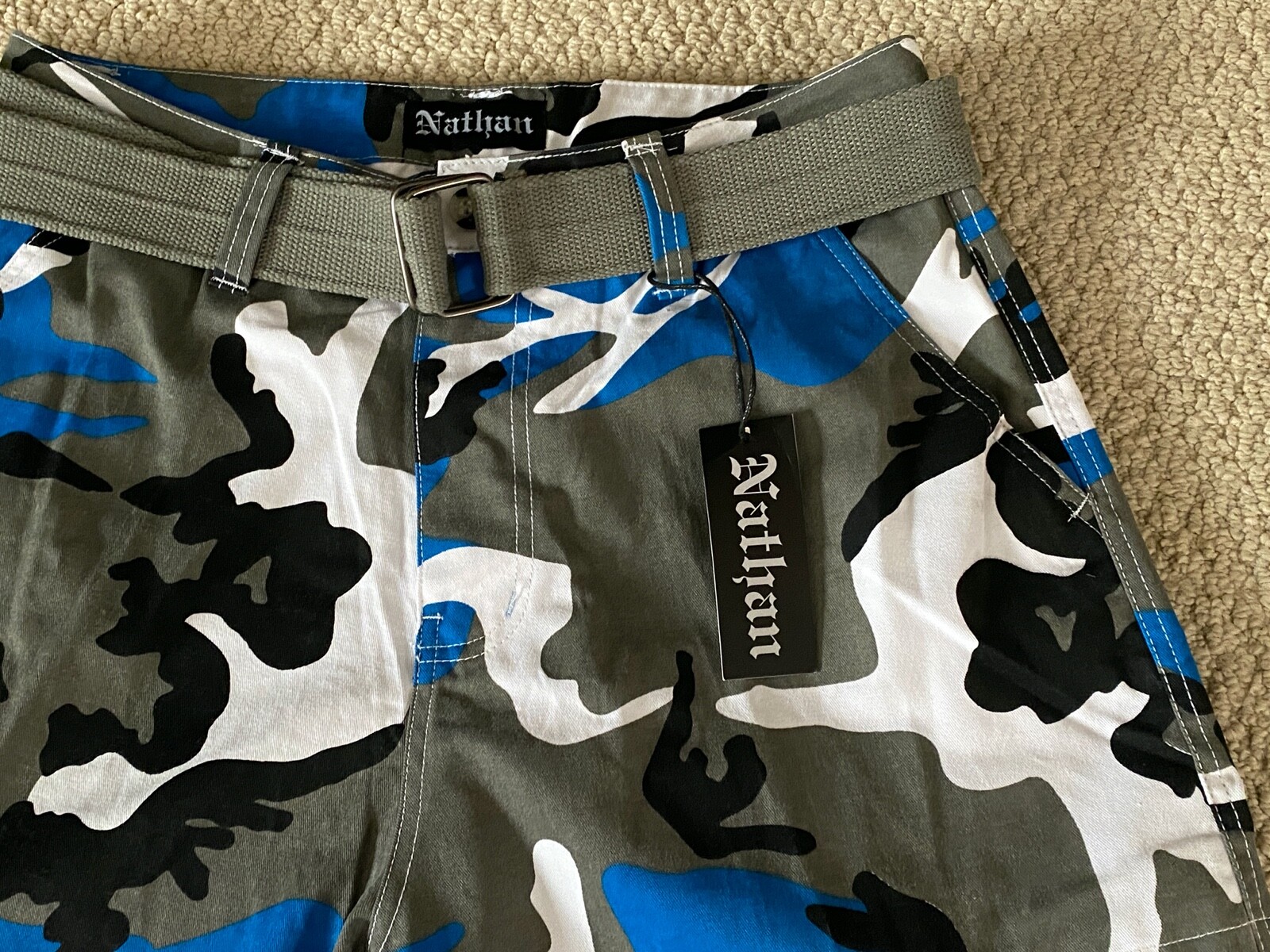 NWT Men’s Nathan Blue Gray Camouflage Camo Belted Cargo Pocket Shorts ALL SIZES