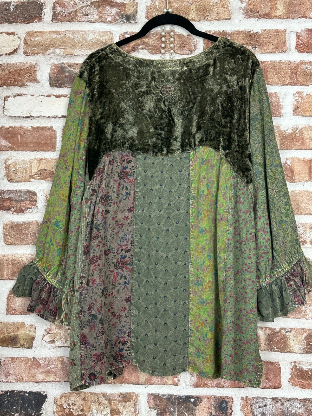 PLUS SZ Velvet Overdyed Patchwork Block Vintage EMBROIDERED Laced BOHO TUNIC TOP