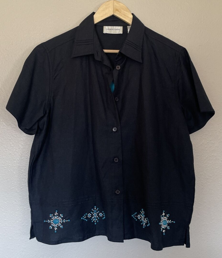 NWT Lemon Grass Womens 2 For 1 Blouse Black Turquoise Short Sleeve Embellished L
