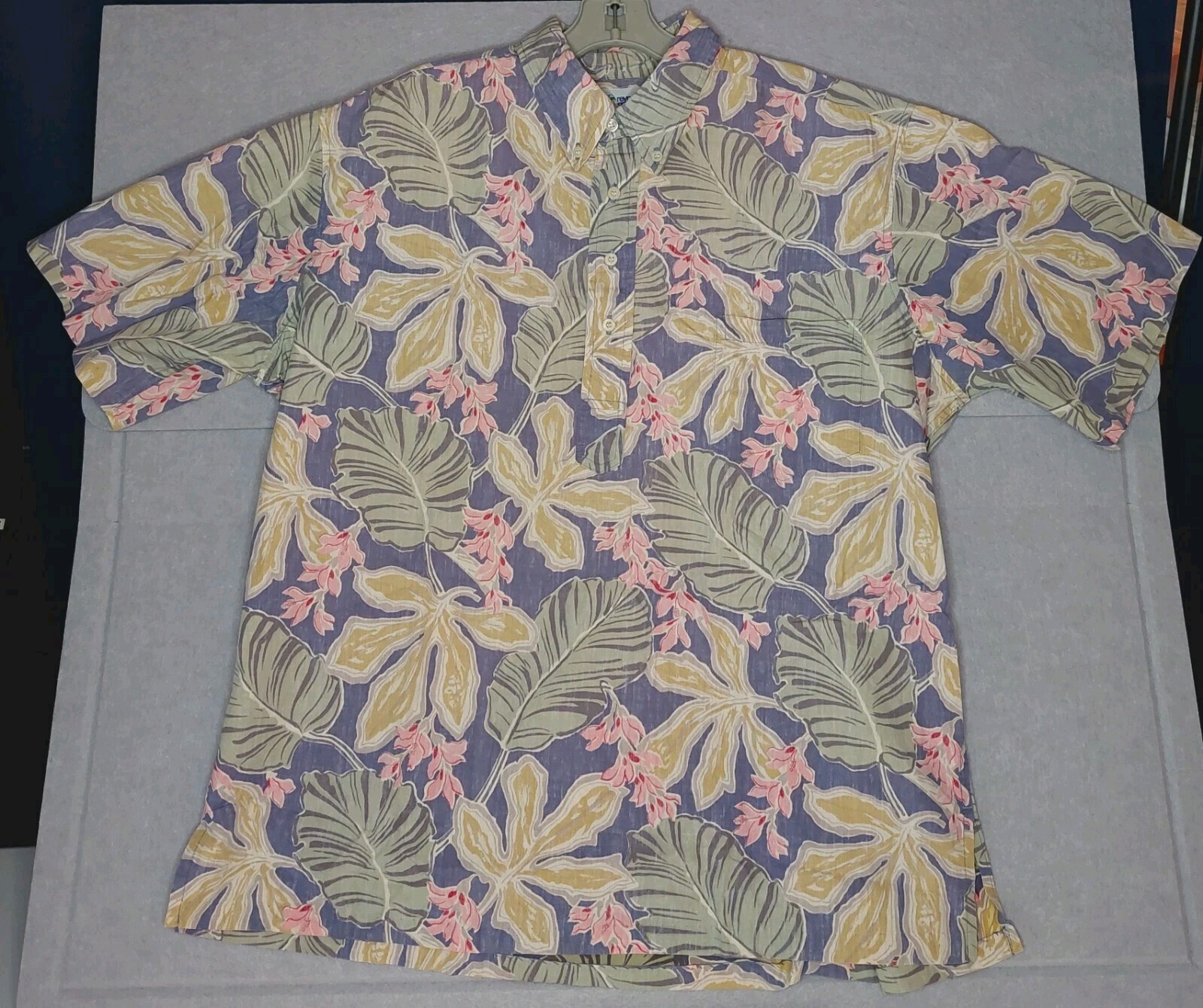 Reyn Spooner Purple Shirt Hawaiian Pink Floral Beige Leaves Sz XLarge Pull Over