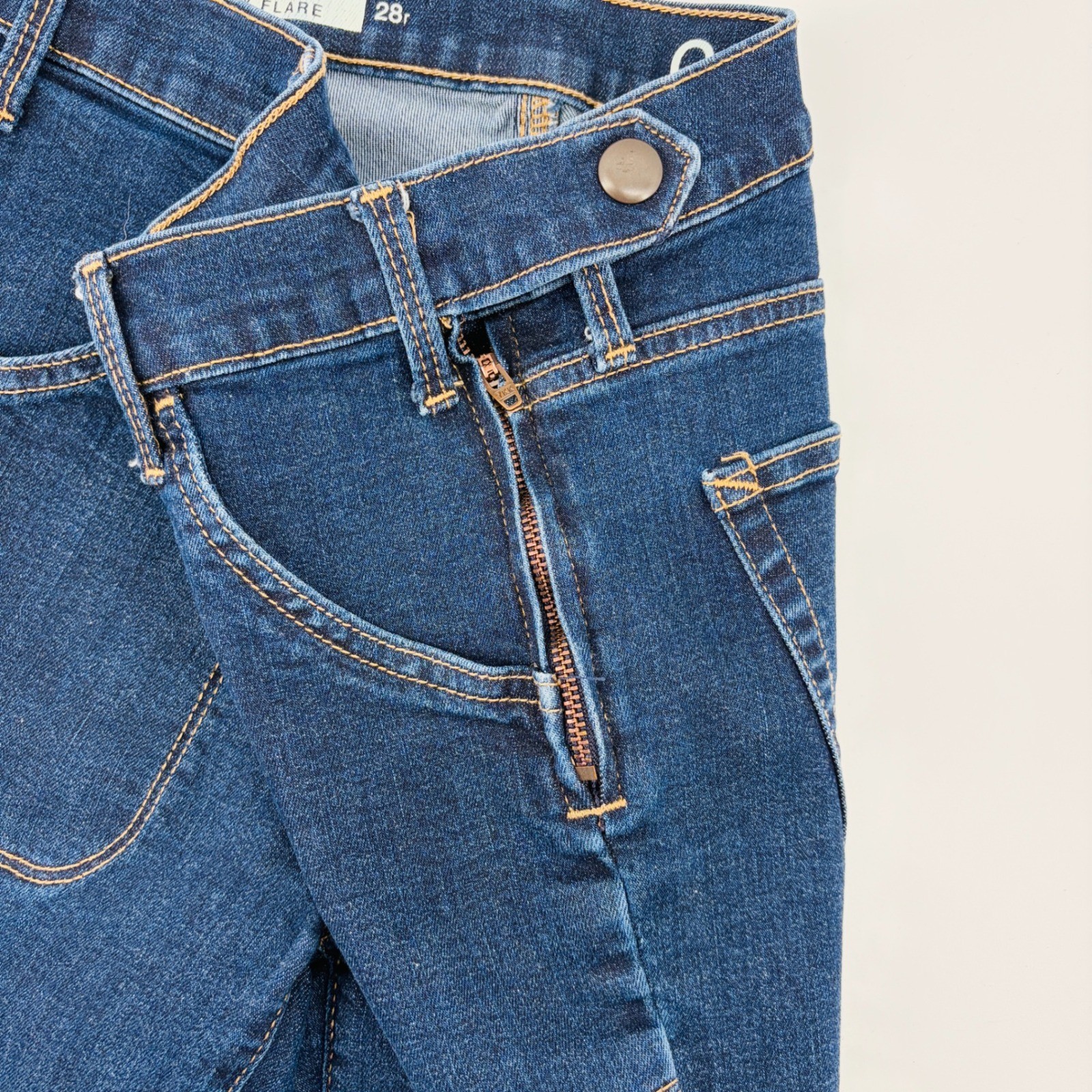Gap 1969 Resolution Skinny Flare Jeans Blue 28r High Rise Side Zip Patch Pocket