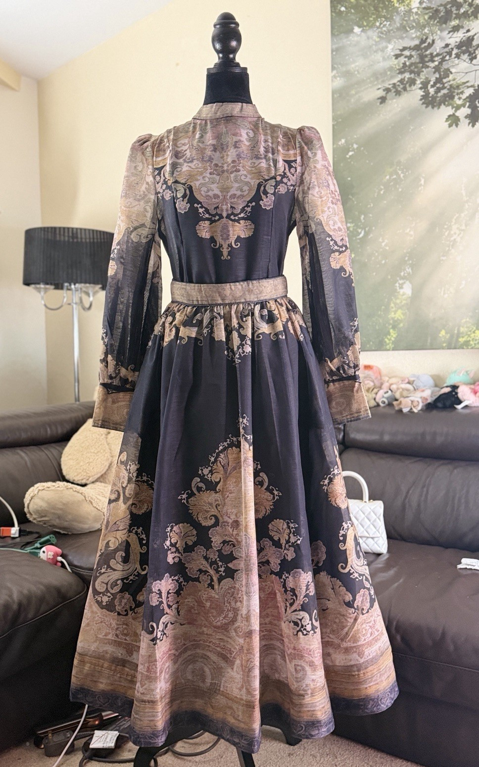 Women’s 2 piece set Black Beige Paisley Chiffon Maxi Dress High Neck Puff Sleeve