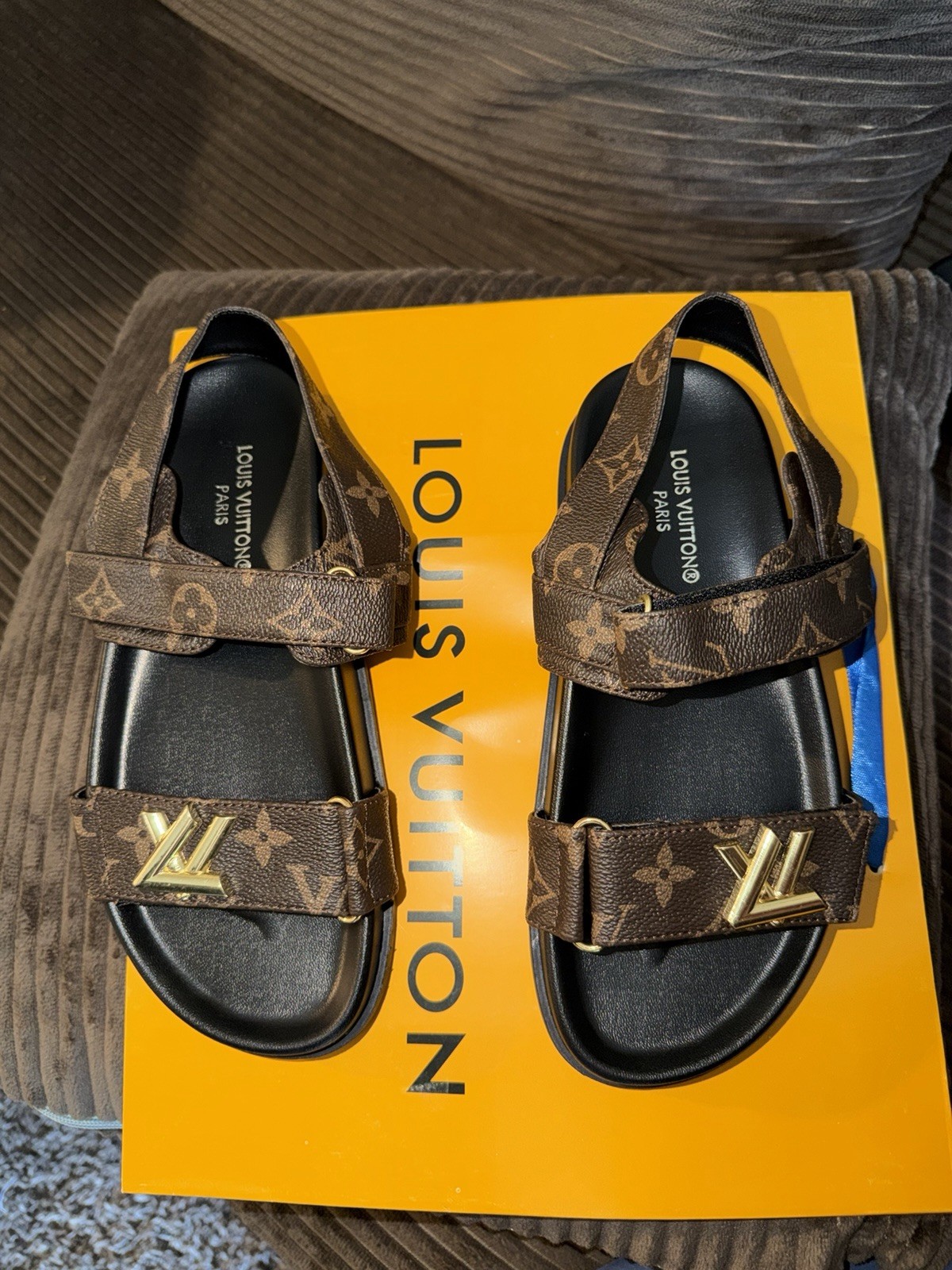 Louis Vuitton Men’s Monogram Logo Sandals Hook & Loop Strap Brown/Black 7