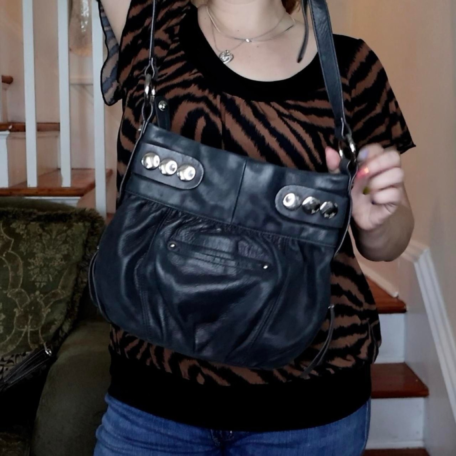 Genuine Leather B Makowsky Siver Studs Black Bag Long Strap Crososbody Indie Alt