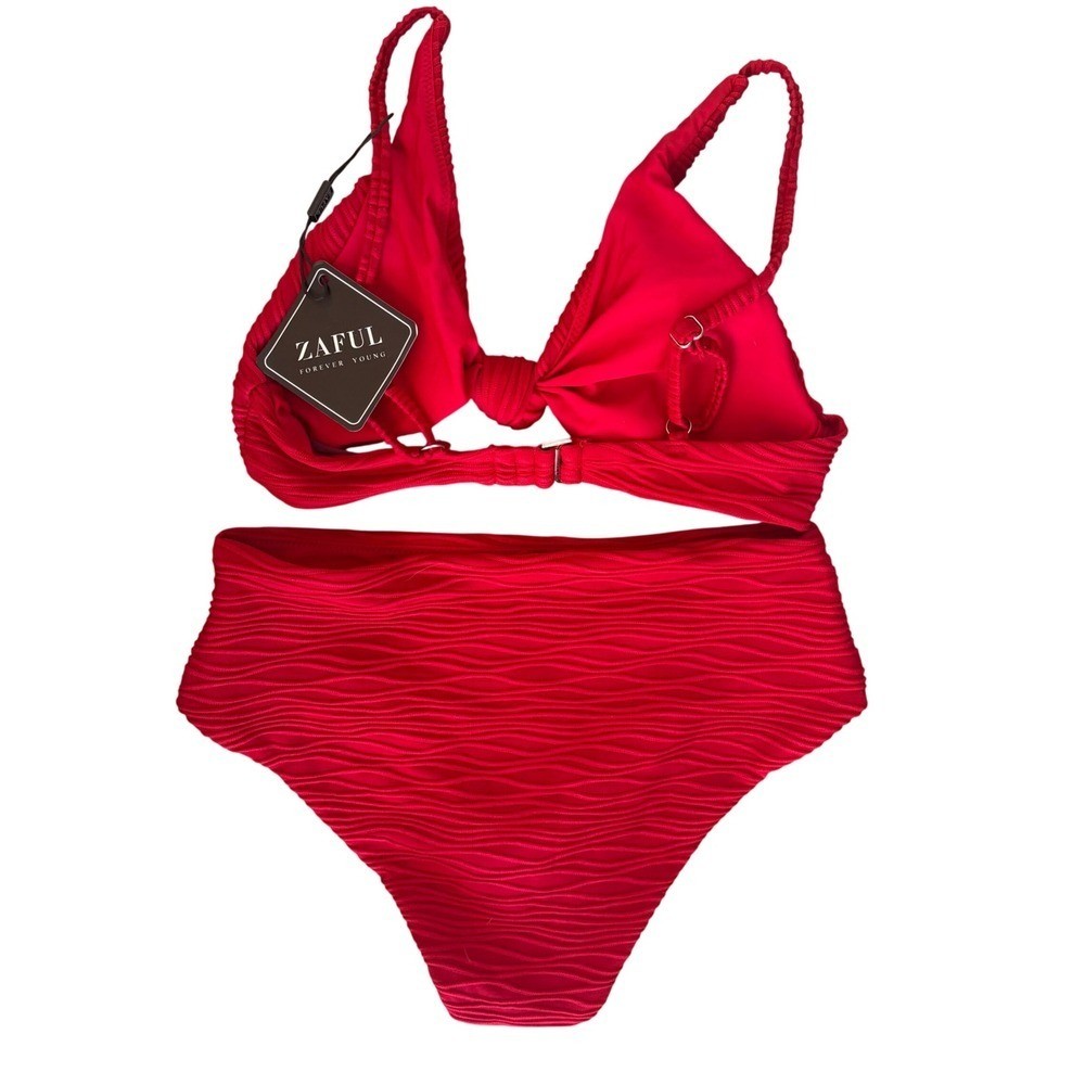 ZAFUL Wine Red V Neck Knot Front Push Up Bikini High Cut Cheeky Set Small