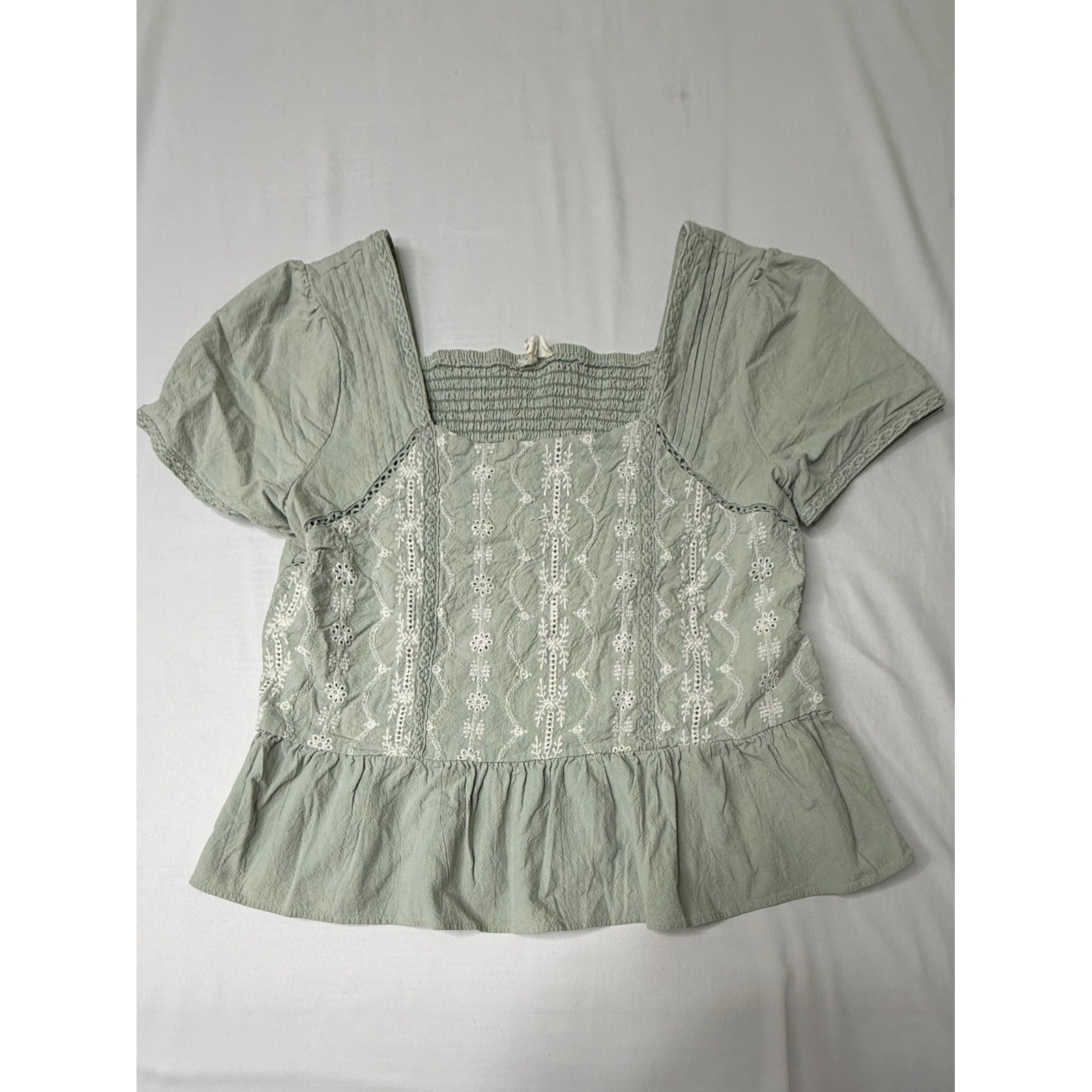 Easel Sage Green Linen Embroidered Eyelet Peplum Blouse Smocked Back Top Large