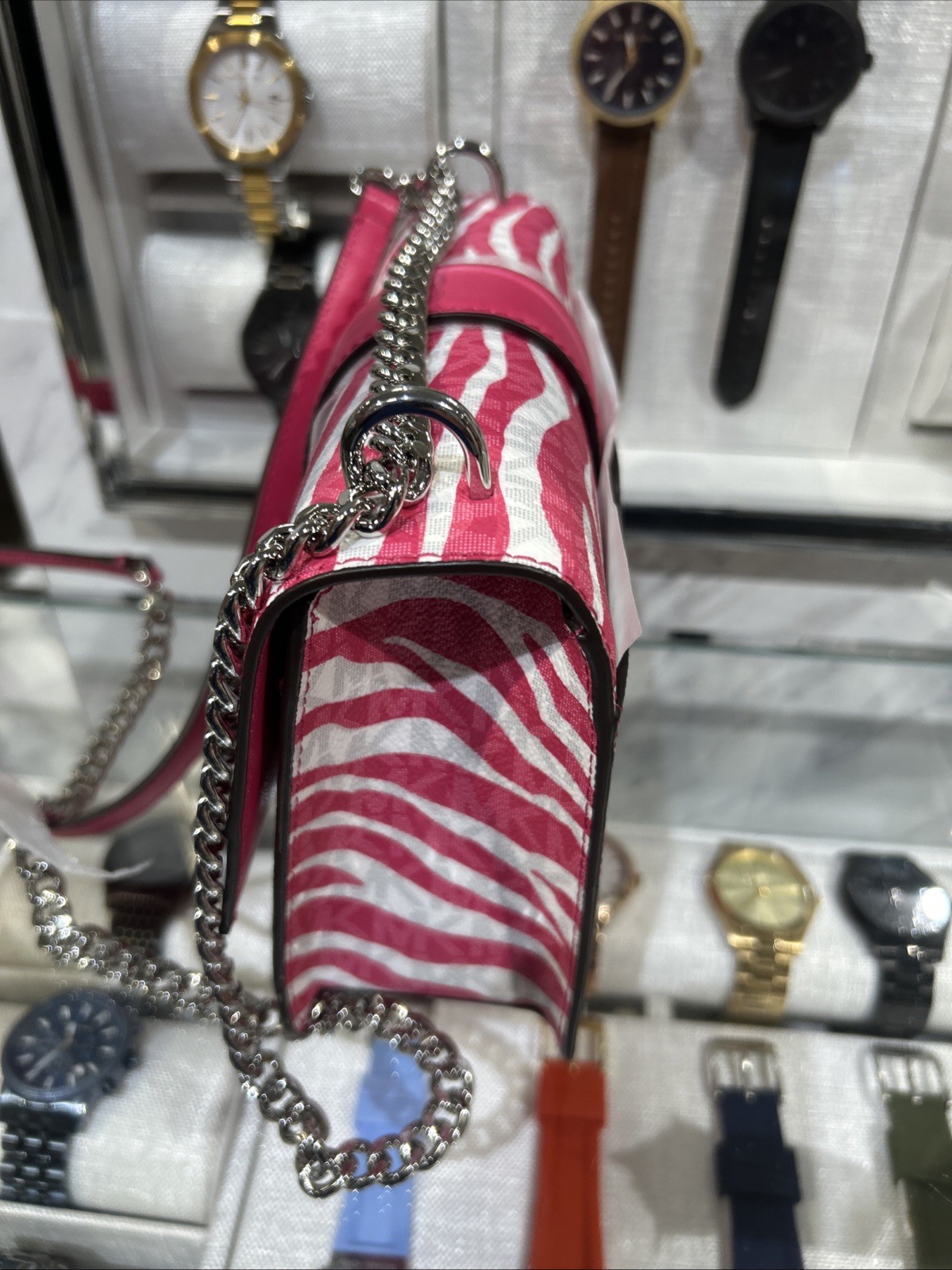 Michael Kors Greenwich Small Crossbody Pink & White Zebra Stripe Bag Handbag MK