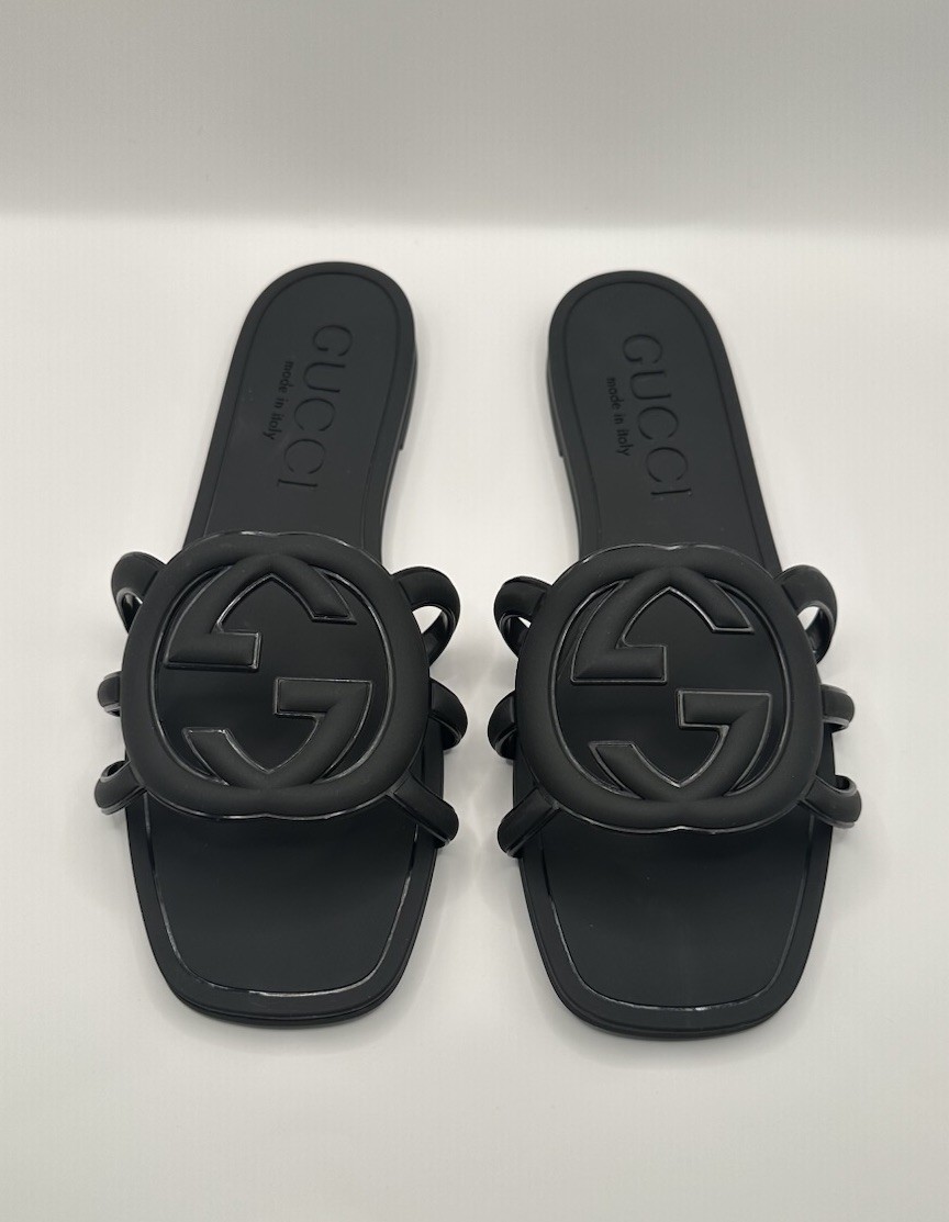 Gucci Interlocking G Jelly Rubber Slide Sandals Black Logo 40/9