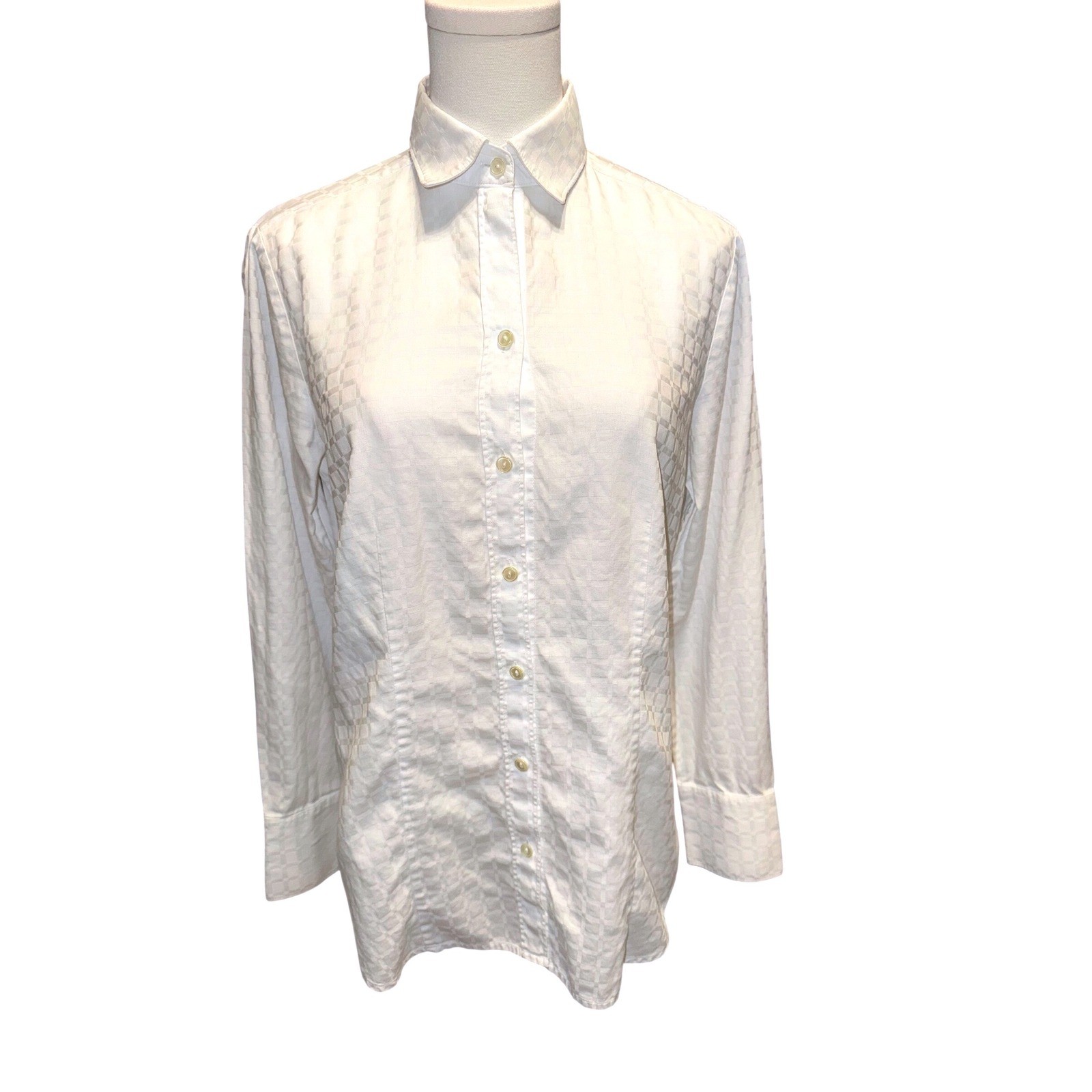 Hinson Wu White Tonal Checkered Jacquard Cotton Button Up Shirt Womens Size 4