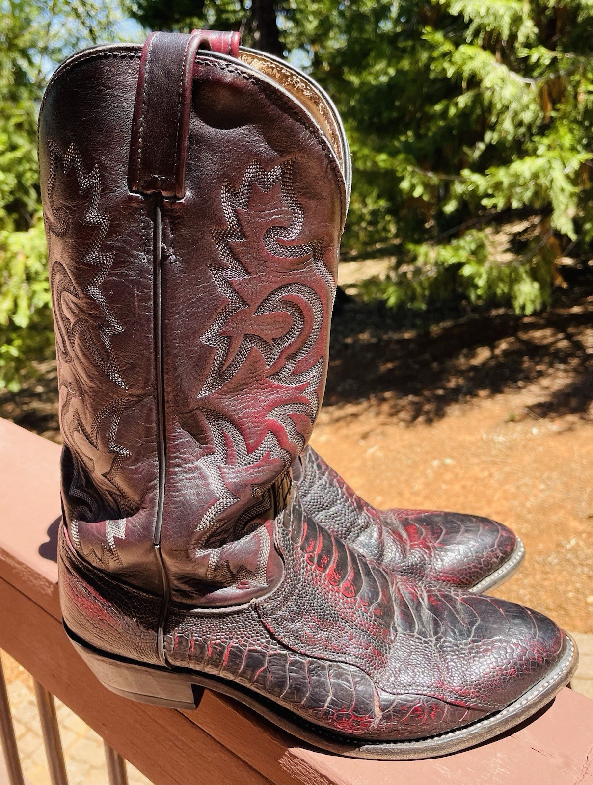 J.Chisholm Vintage Ostrich & Leather Cowboy Boots Black Cherry, 10.5 D, USA Made