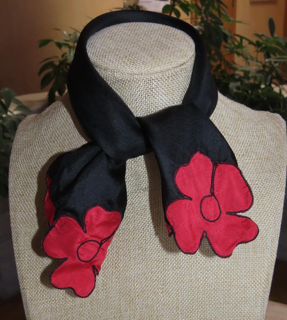 Square black scarf; red floral accent; silk; 17 x 16.5 inches