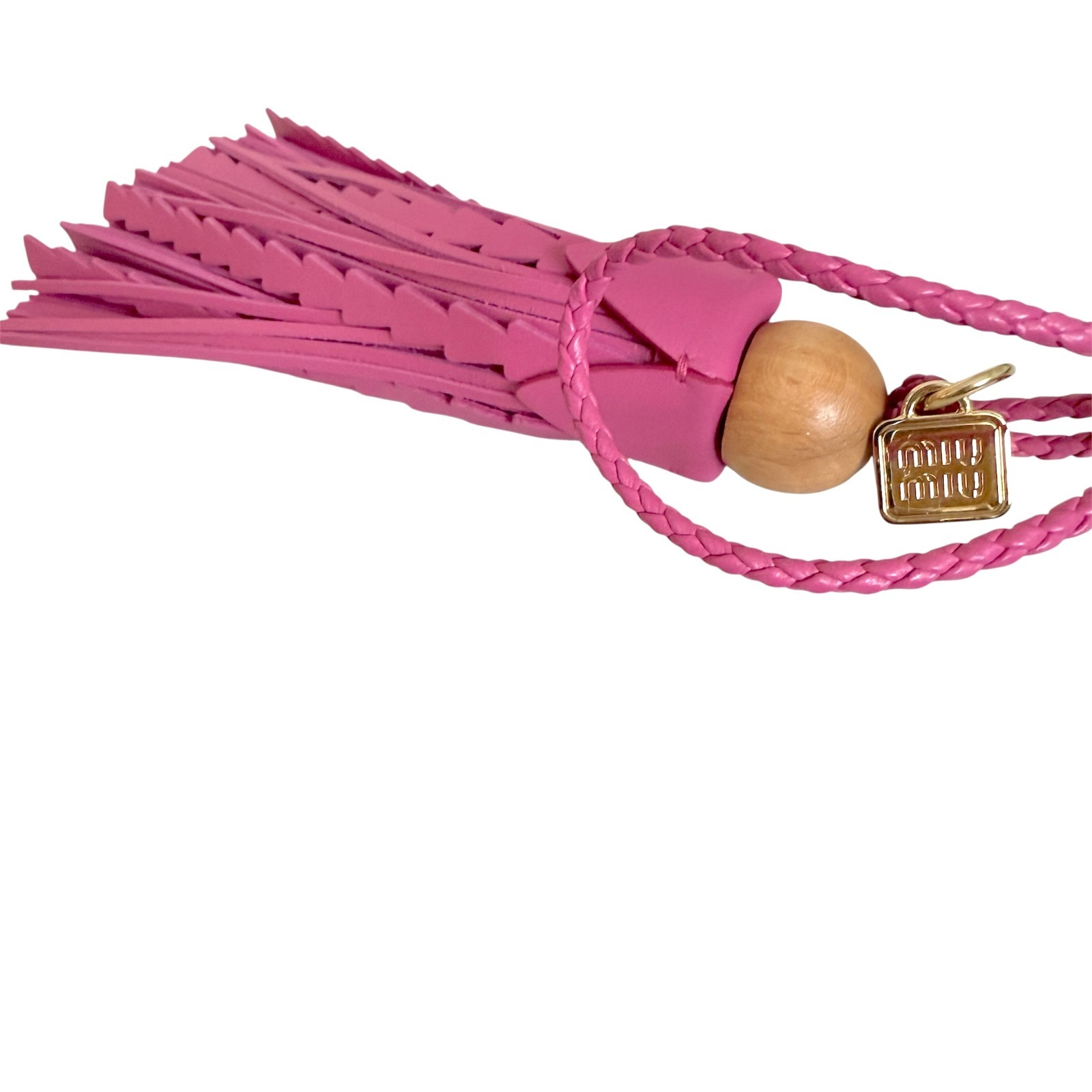 Miu Miu Bag Charm Leather Keychain NEW, Pink Tassel with wood top