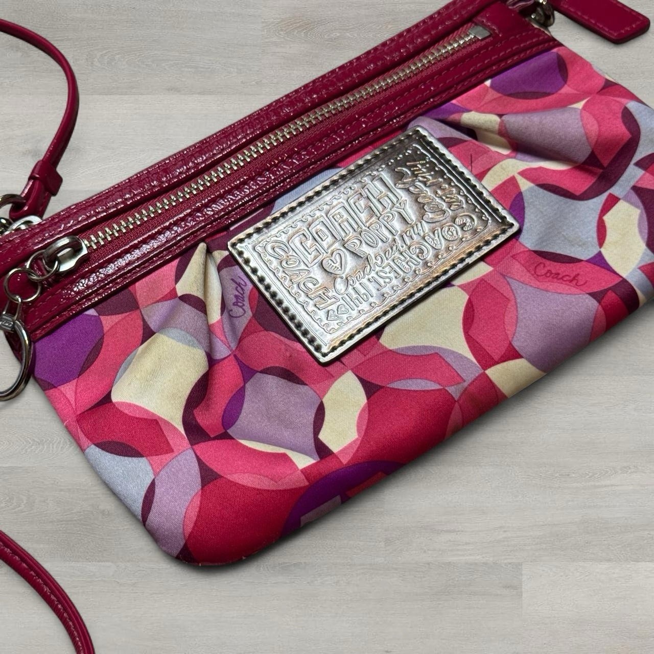 Coach Geometric Pink Purple Wristlet Zip Pouch Crossbody Strap Bag Charm