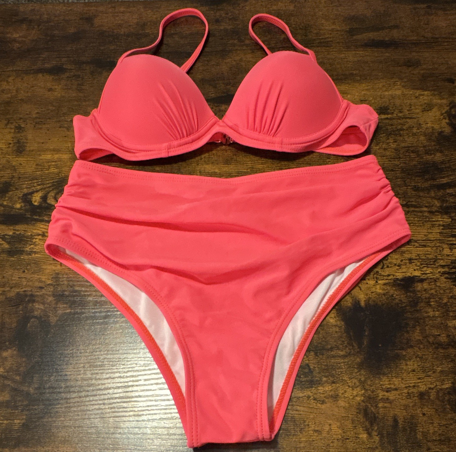 Women’s Coral Solid 2-Piece Bikini Set S High-Waisted Bottom Padded Straps