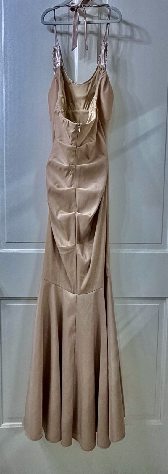 Champagne Halter Mermaid Prom Evening Gown Beaded Neckline Ruched Bodice 5/6
