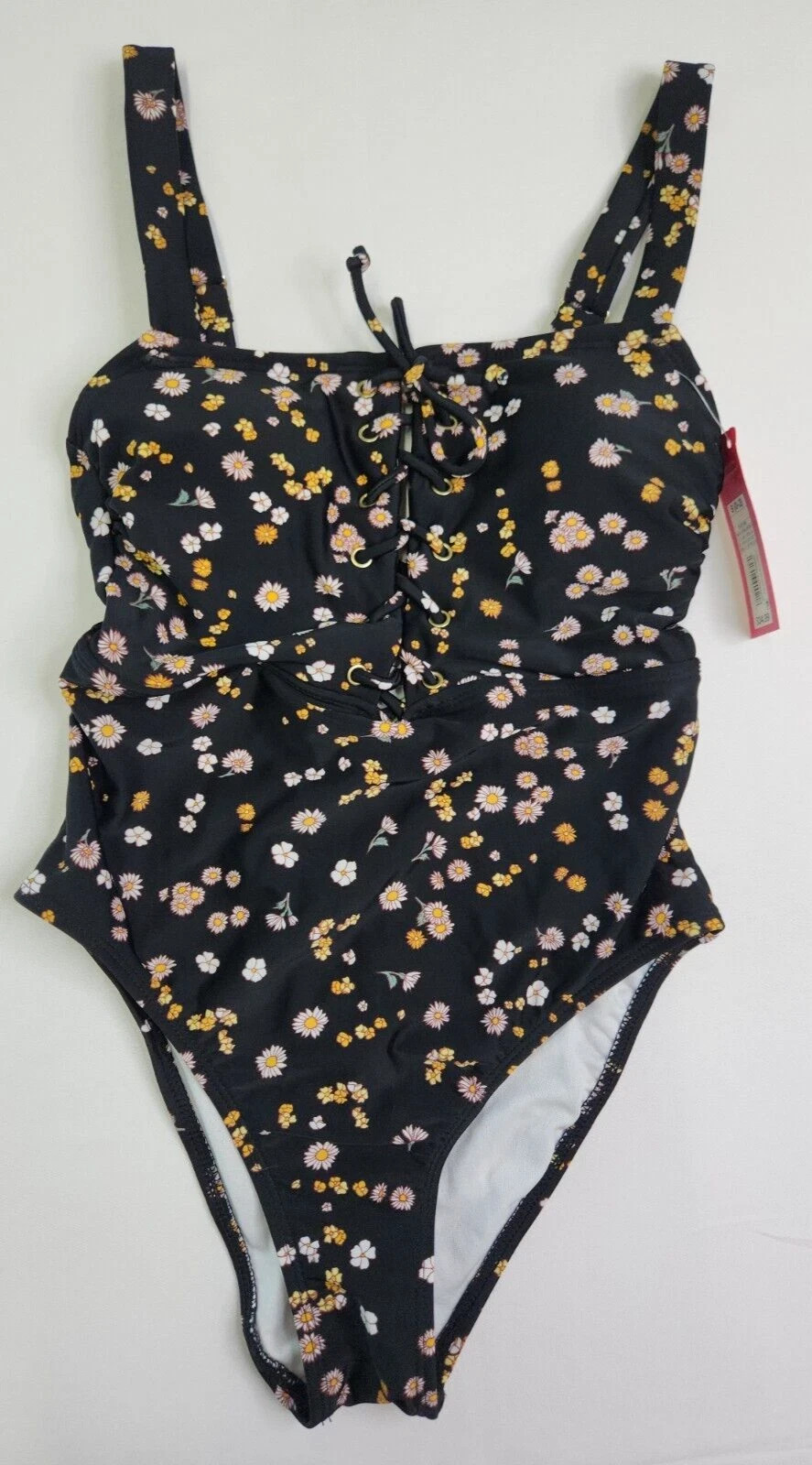 Xhilaration Juniors Black Floral Medium Cover 1 Pc Swimsuit Size S 0-2 Lace Up