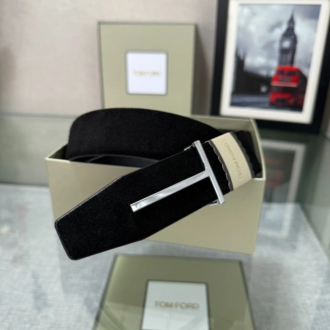 Tom Ford Men’s Black Suede Leather Belt 38mm Silver T Buckle New