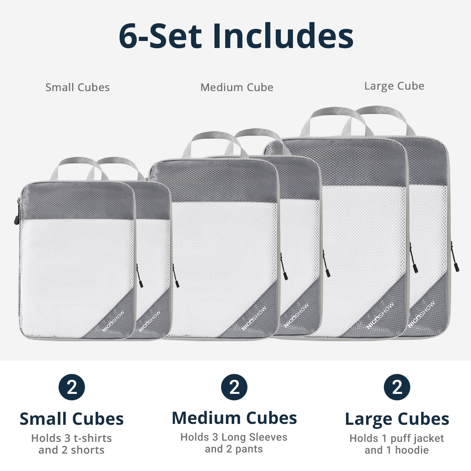 NICOSHOW 6 Set Compression Packing Cubes for Travel – 6 pcs, Grey