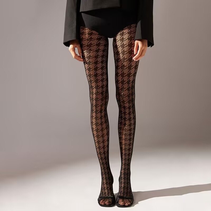 WOMEN’S HOUNDSTOOTH PATTERN KNITTED FISHNET TIGHTS PANTYHOSE BLACK RED STOCKINGS