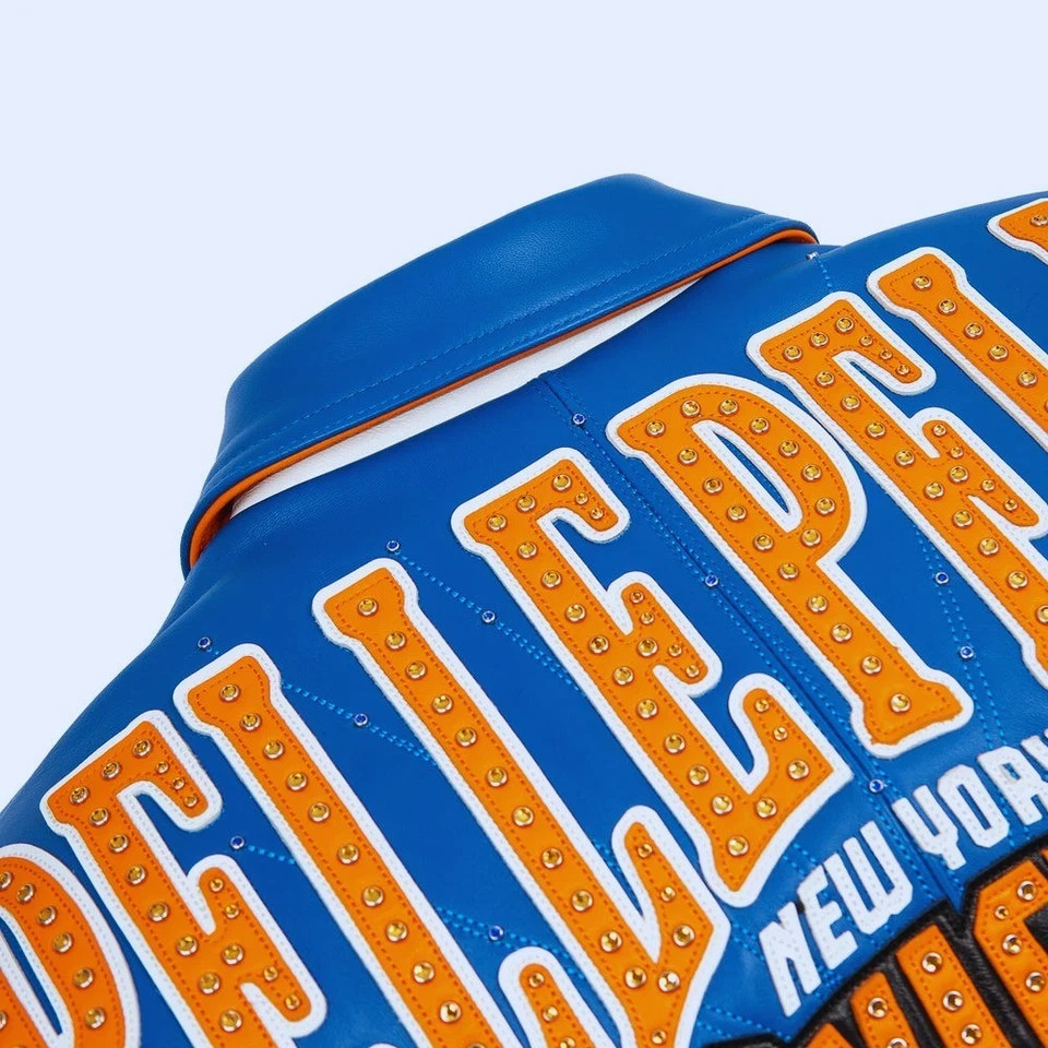 Premium Blue Leather Knicks Jacket New York Basketball Theme Winter Bomber Size
