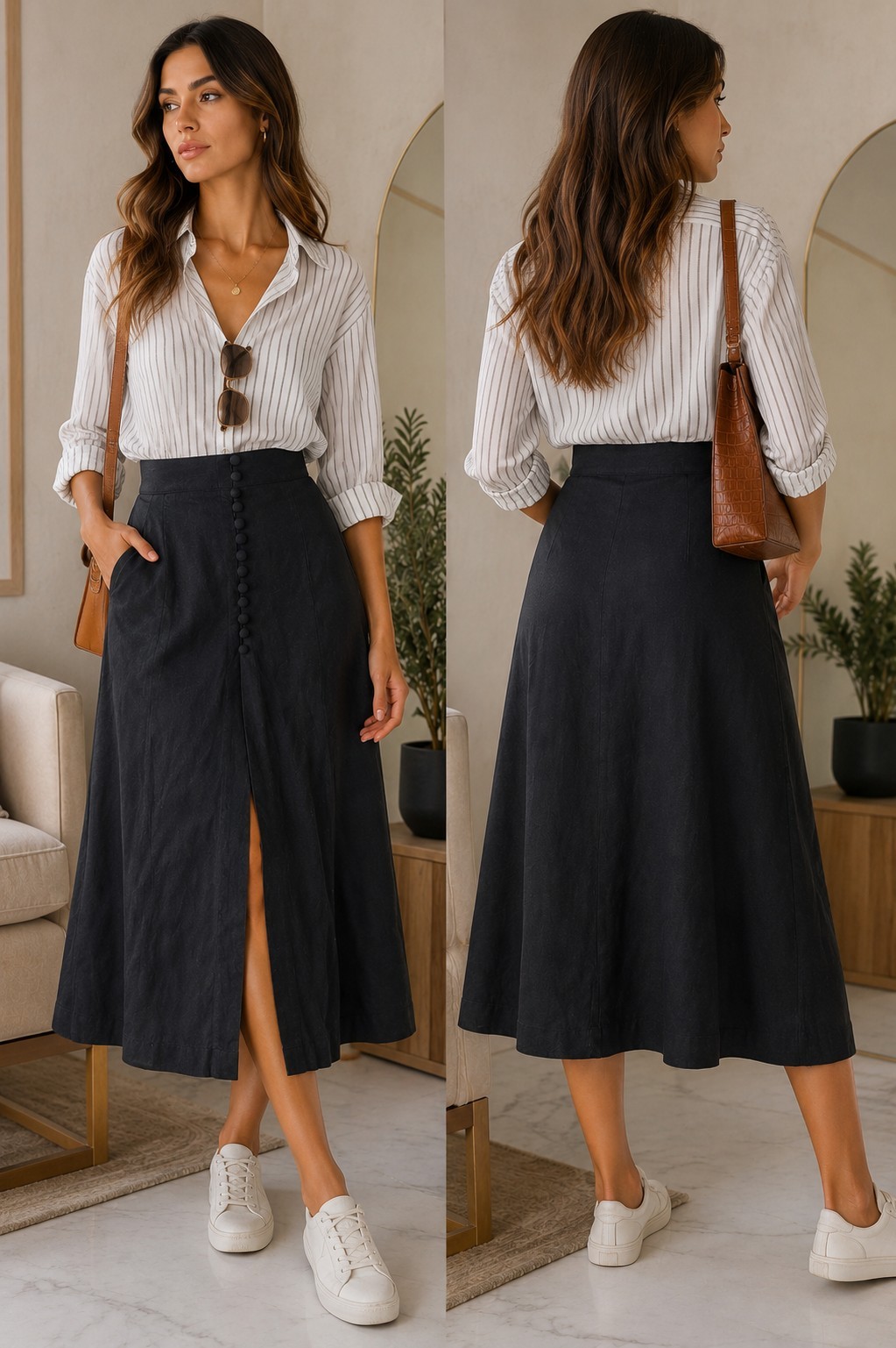 Banana Republic Linen Black A-Line High Rise Midi Skirt Button Slit Petite 0