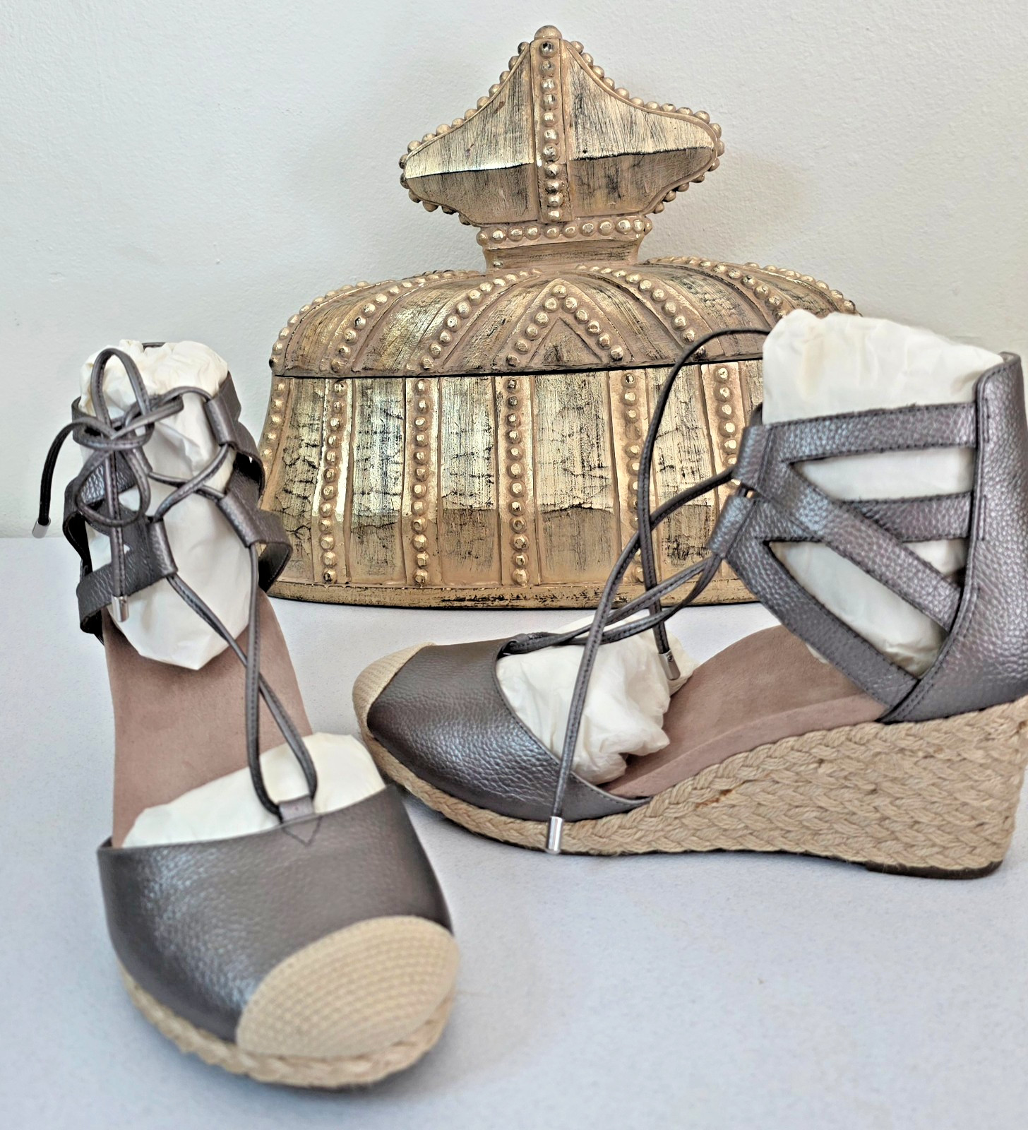 VIONIC Aruba Calypso Orthotic Lace Up Espadrilles Wedge Pewter Size 9 NEW IN BOX