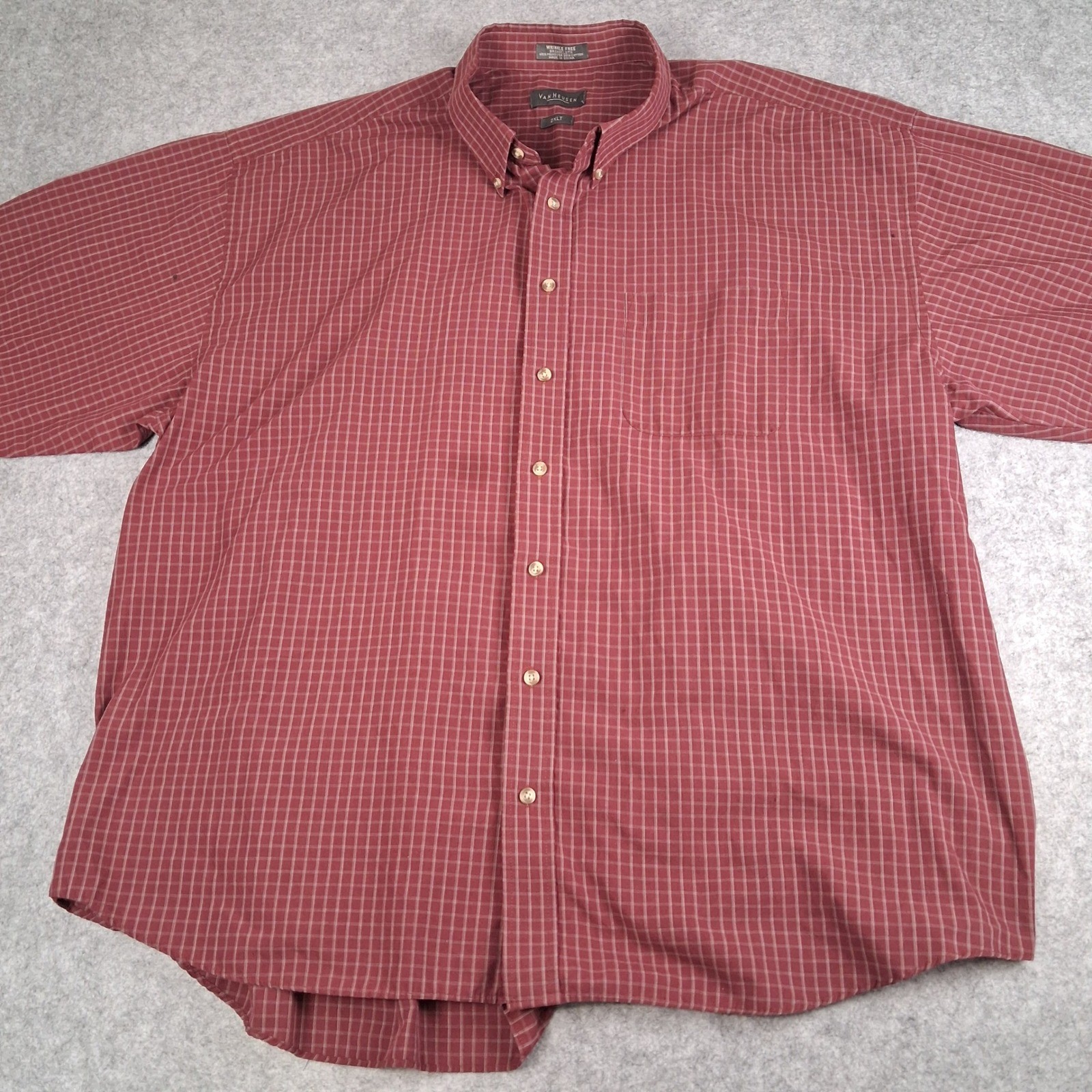 Van Heusen Button Down Shirt Men 2XLT Red Grid Wrinkle Free Broadcloth Long Slv