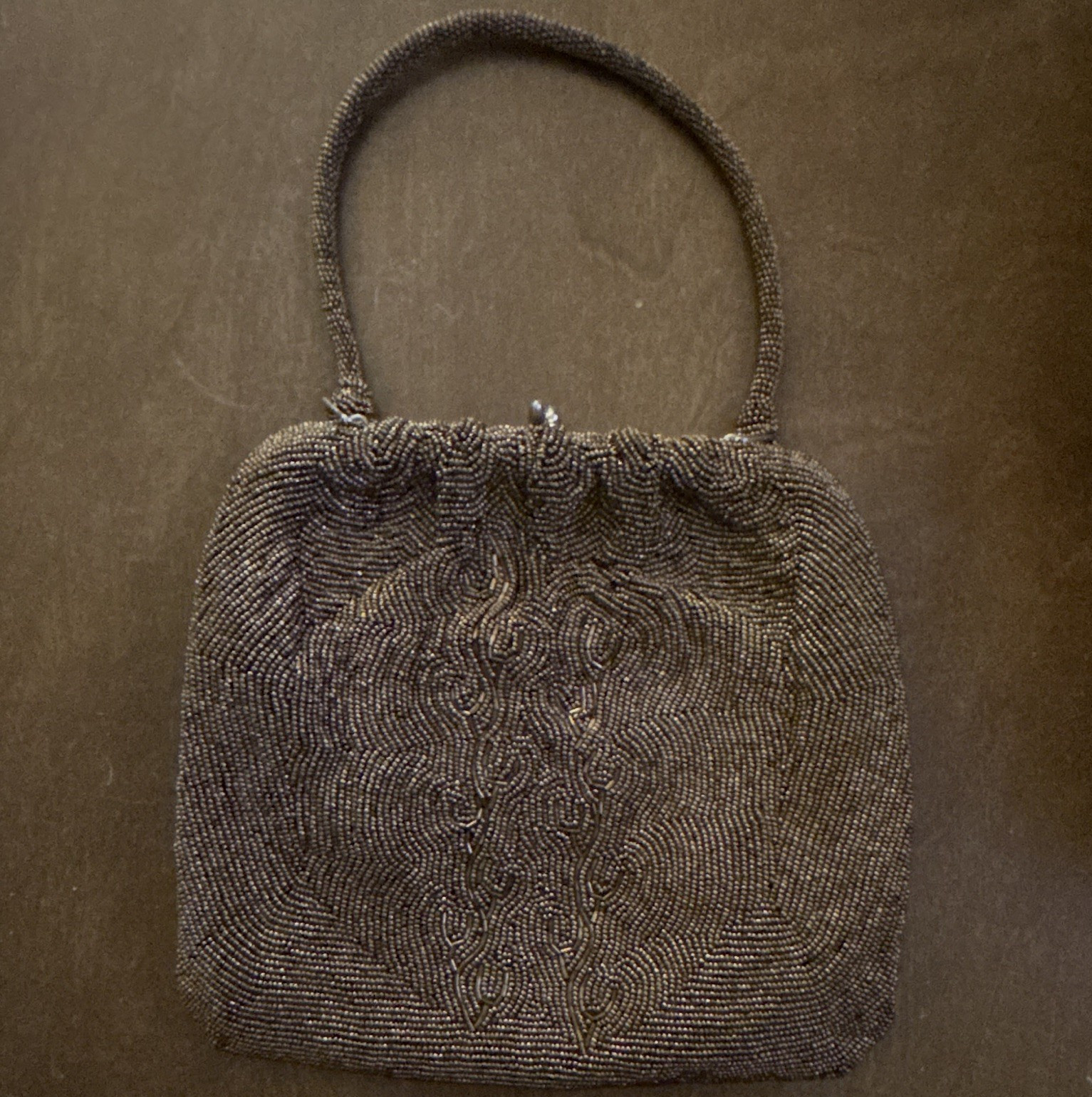 Brown beaded Top Handle Evening Bag Silver Clasp Lined Inner Pockets vintage