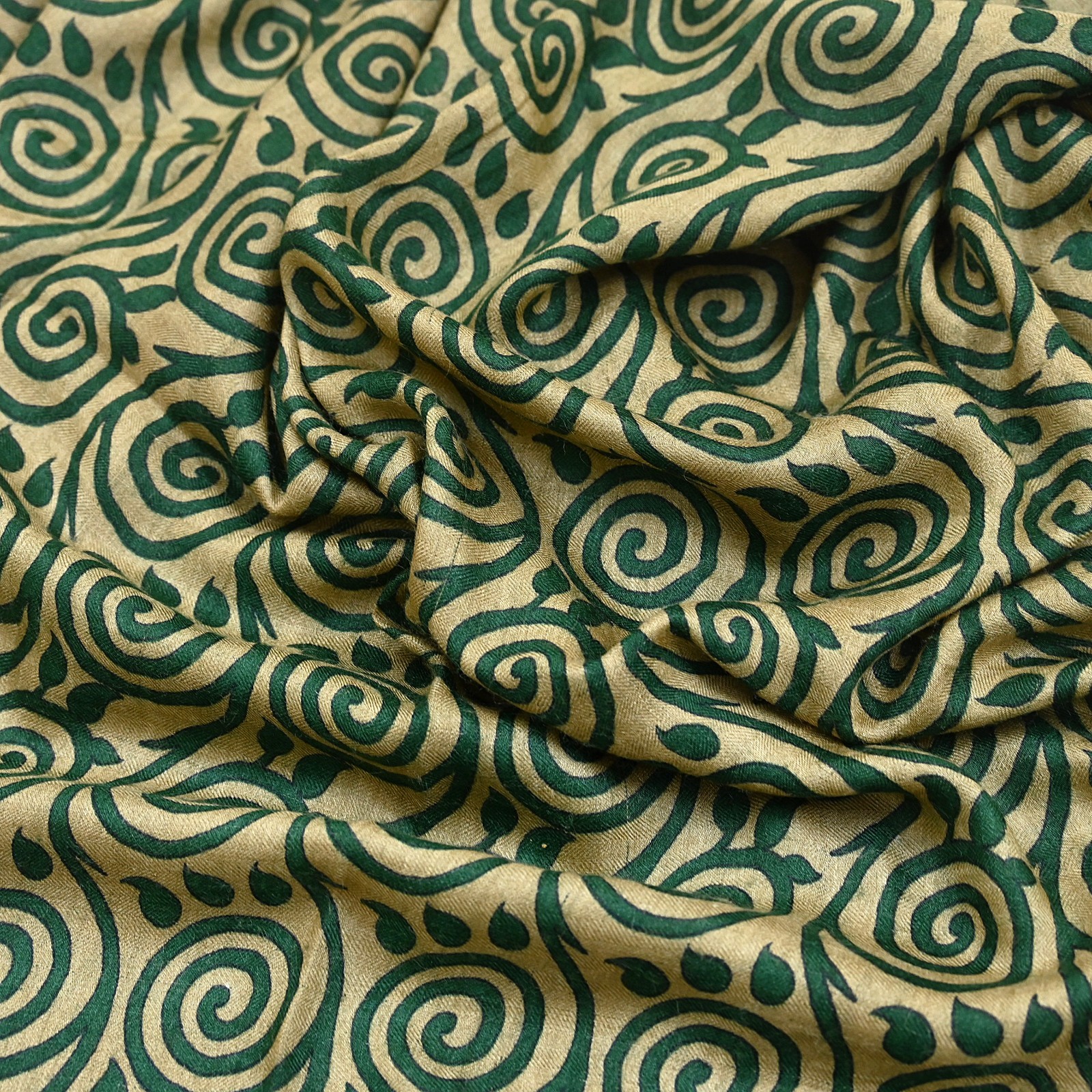 Vintage Beige Green Wool Saree Indian Pure Wool Floral Woven Fabric 6 Yard Soft